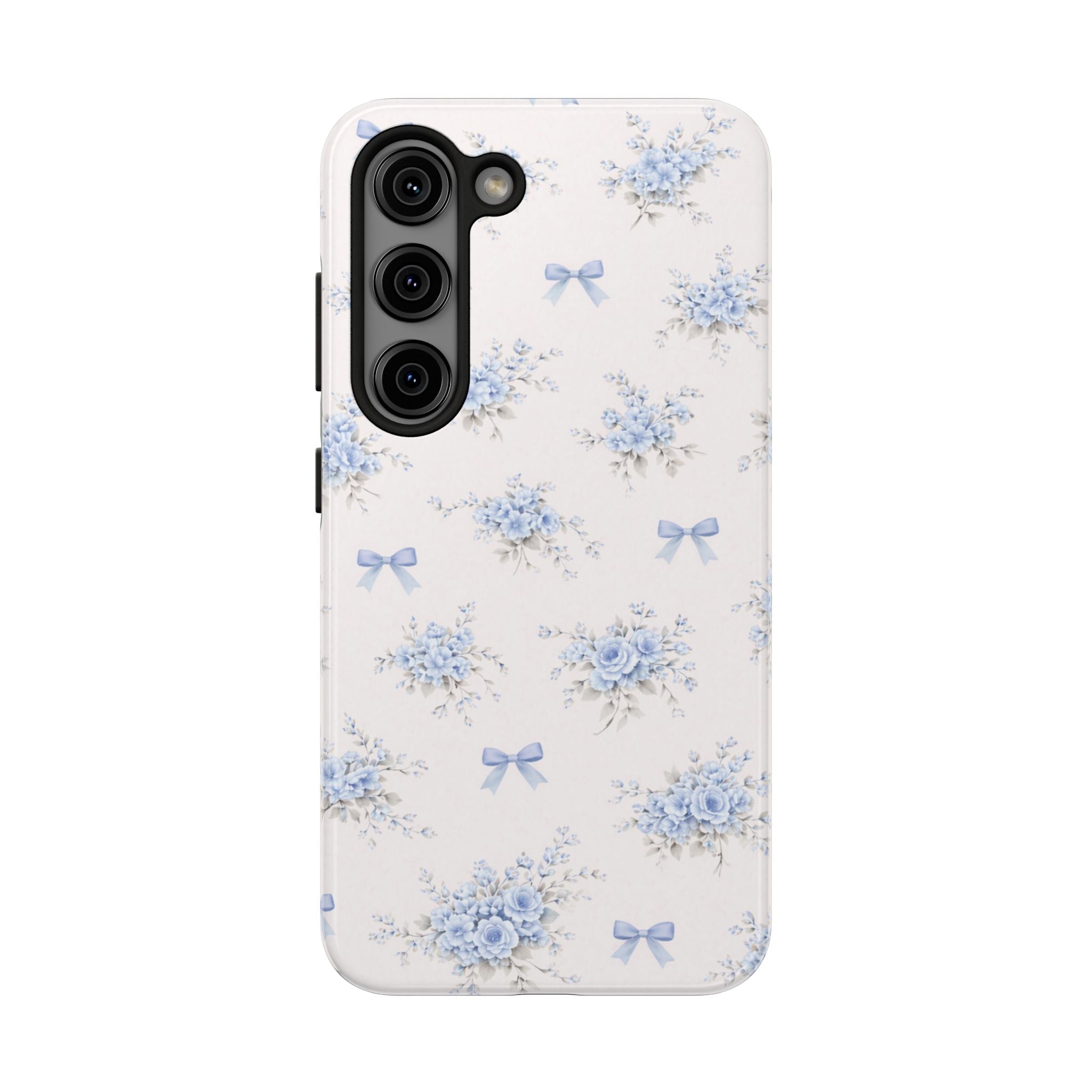 Blue Floral Bows Tough Samsung Galaxy Phone Case, Vintage Bouquet Pattern