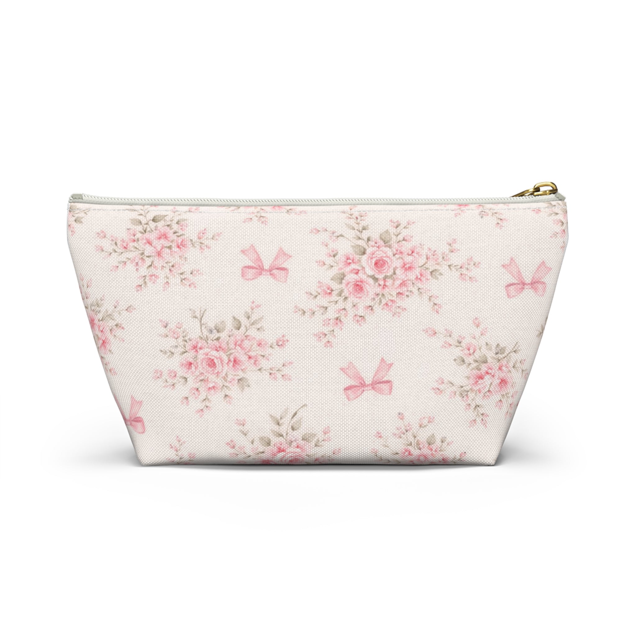 Pink Floral Bow Pattern Accessory Pouch | Makeup Bag, T-Bottom