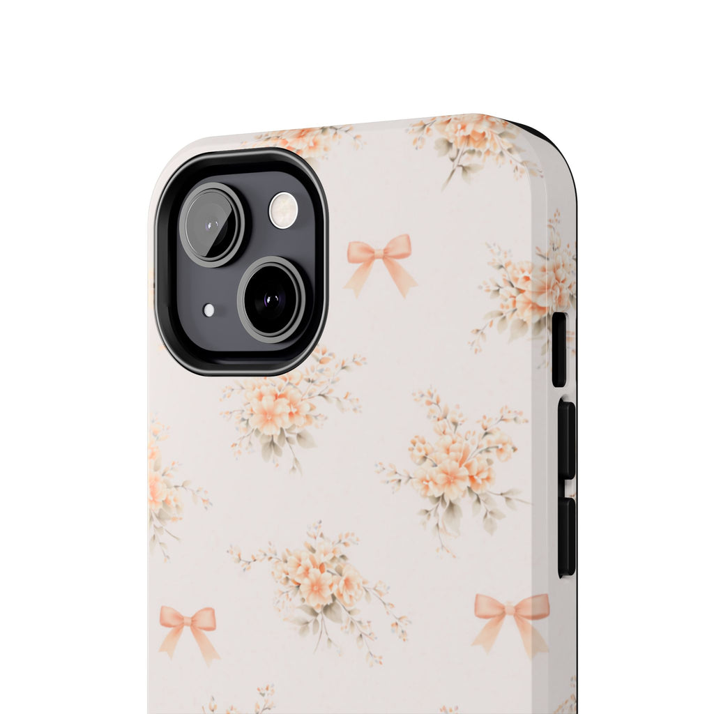 Vintage Peach Floral Bouquet iPhone Case, Tough Pastel Bow Pattern