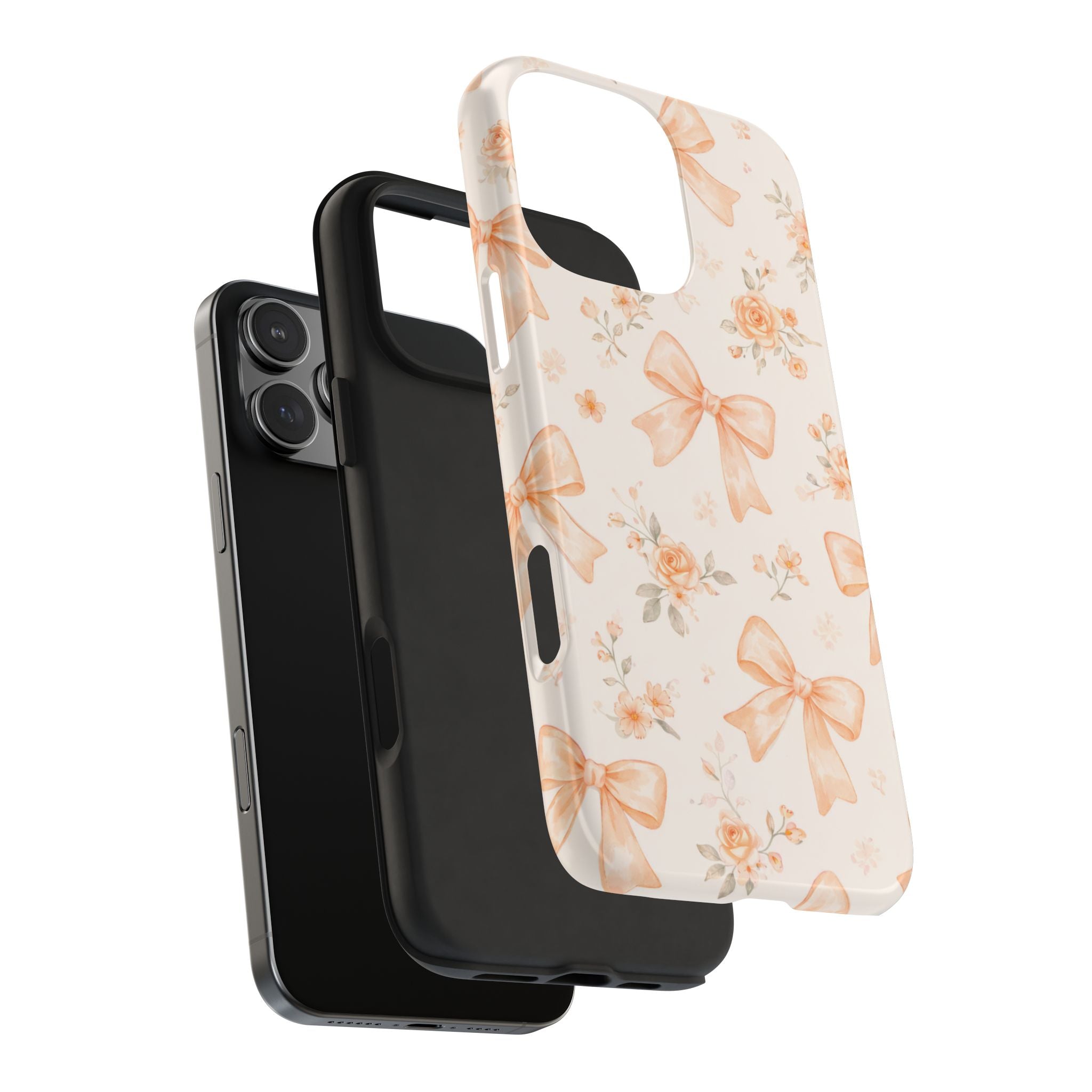 Peach Bow Floral Pattern Tough Phone Case, Peach Ribbon Design