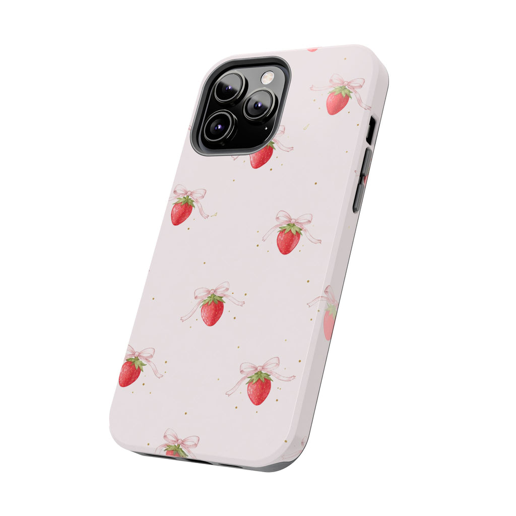 Pink Strawberry Pattern Tough Phone Case, Pastel Fruit Print