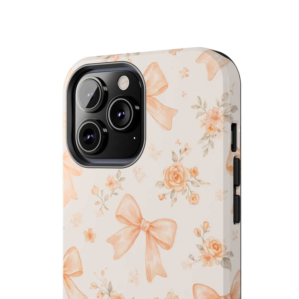 Peach Bow Floral Pattern Tough Phone Case, Peach Ribbon Design