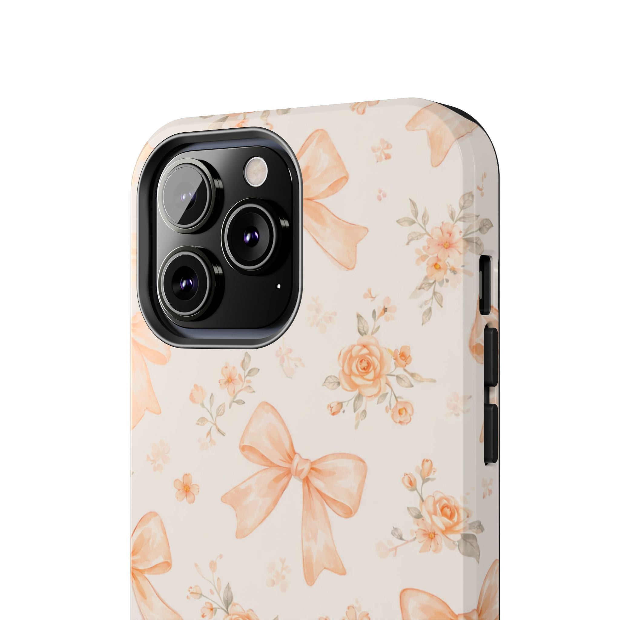 Peach Bow Floral Pattern Tough Phone Case, Peach Ribbon Design