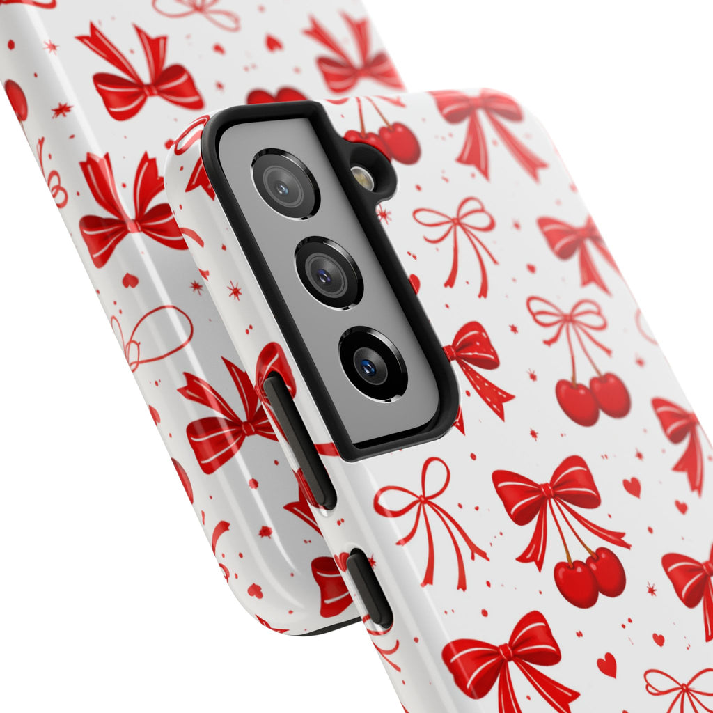 Red Bows and Cherries Tough Phone Case, Cherry Bow Pattern