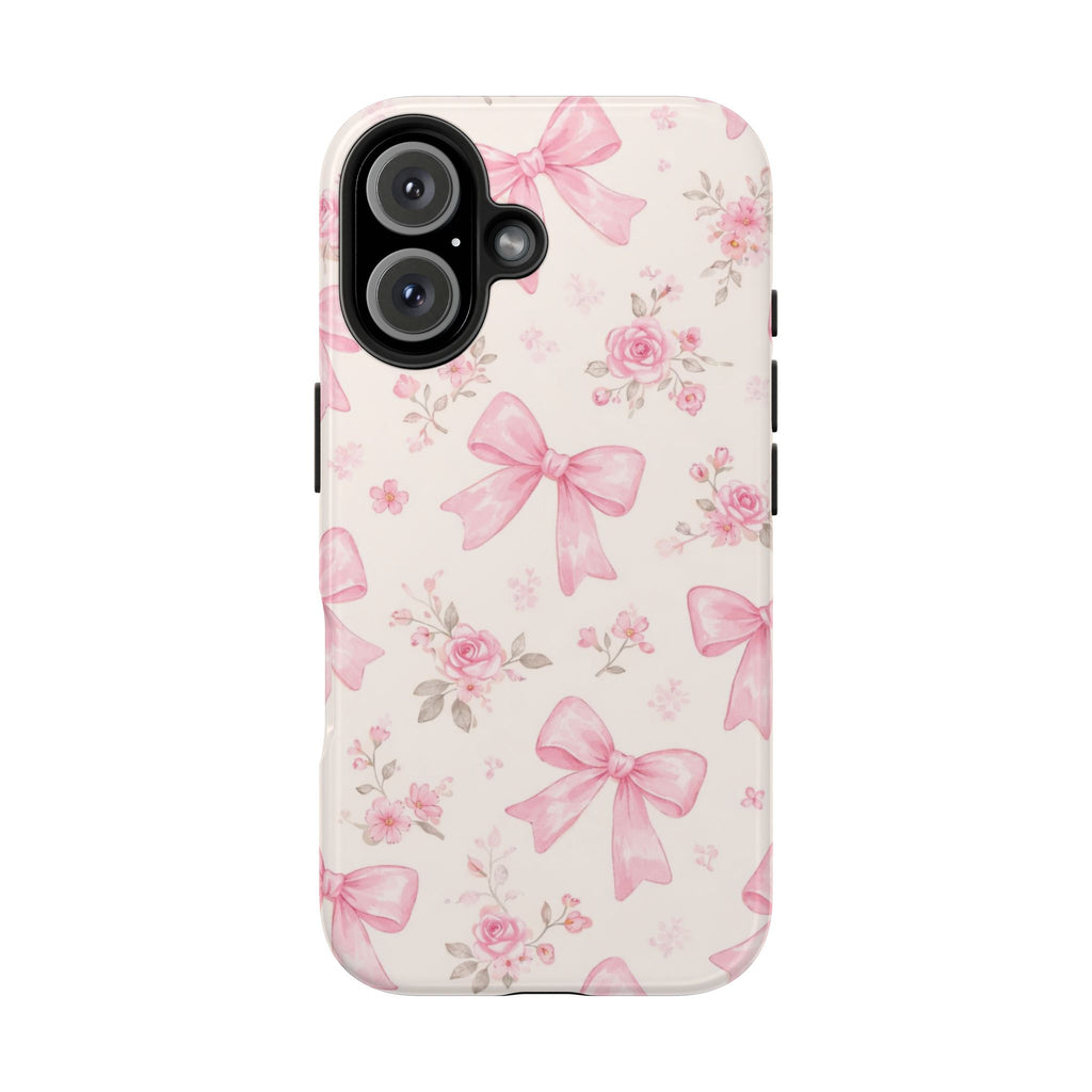 Pink Bow Floral Phone Case, Cute Vintage Rose Pattern