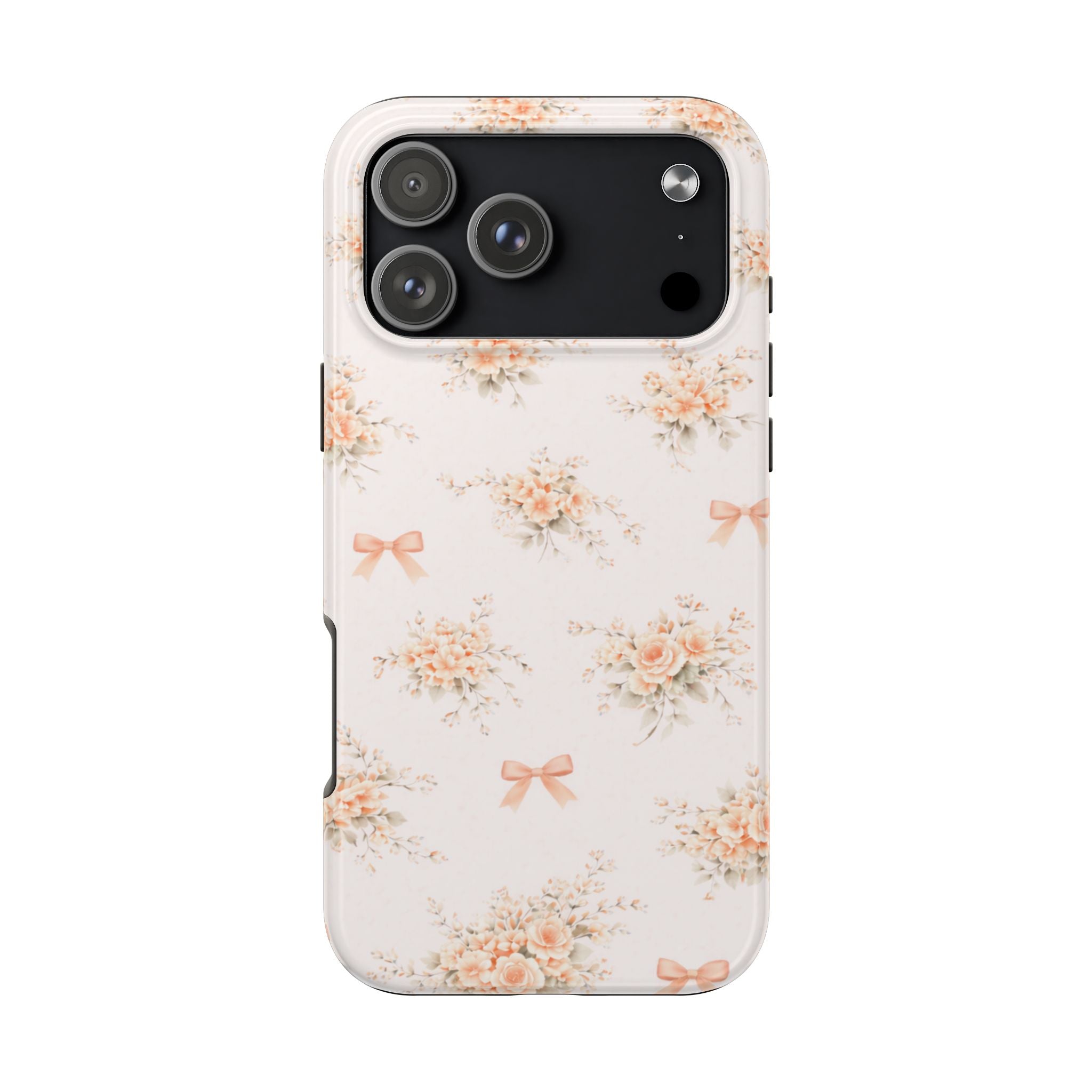 Vintage Peach Floral Bouquet iPhone Case, Tough Pastel Bow Pattern