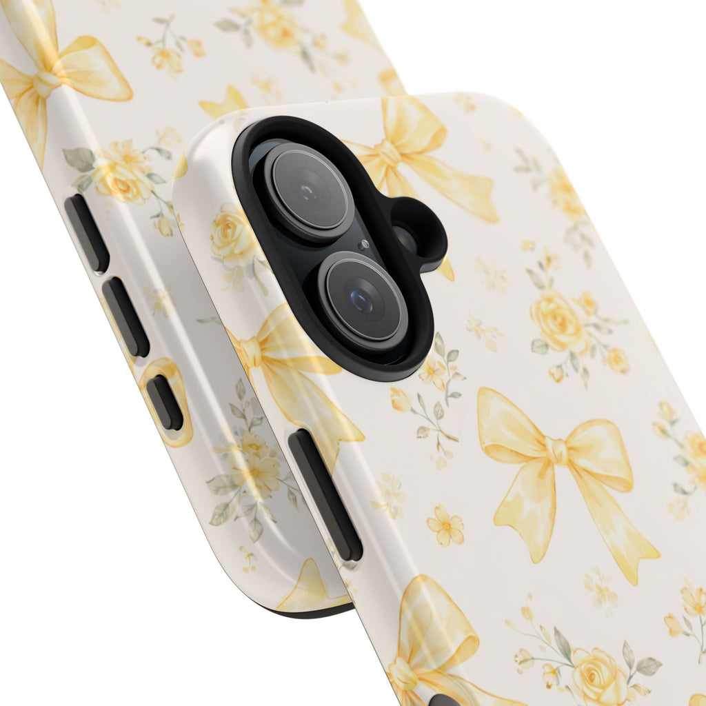 Yellow Bow Floral Phone Case, Cute Yellow Ribbon Pattern