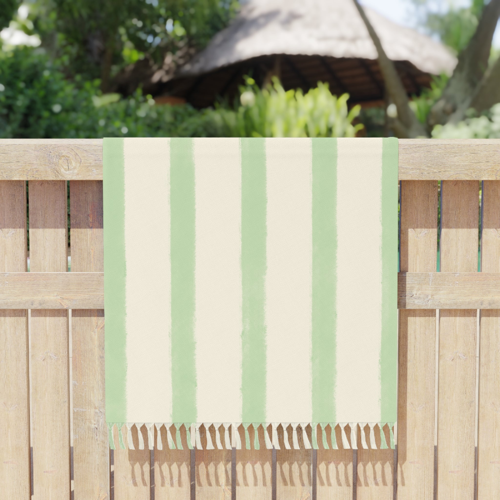 Sage Green Boho Stripe Beach Blanket – Turkish Peshtemal with Fringe