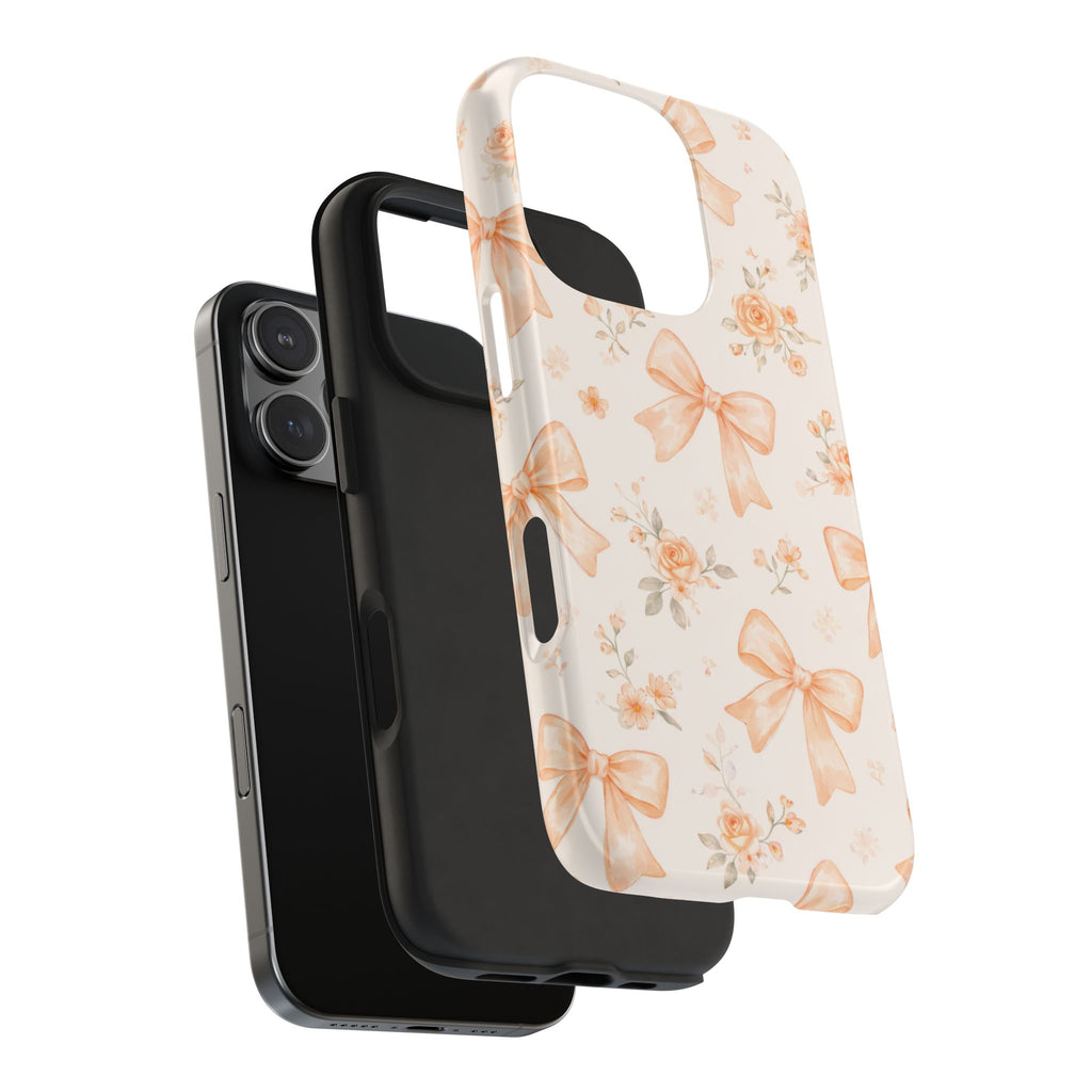 Peach Bow Floral Pattern Tough Phone Case, Peach Ribbon Design
