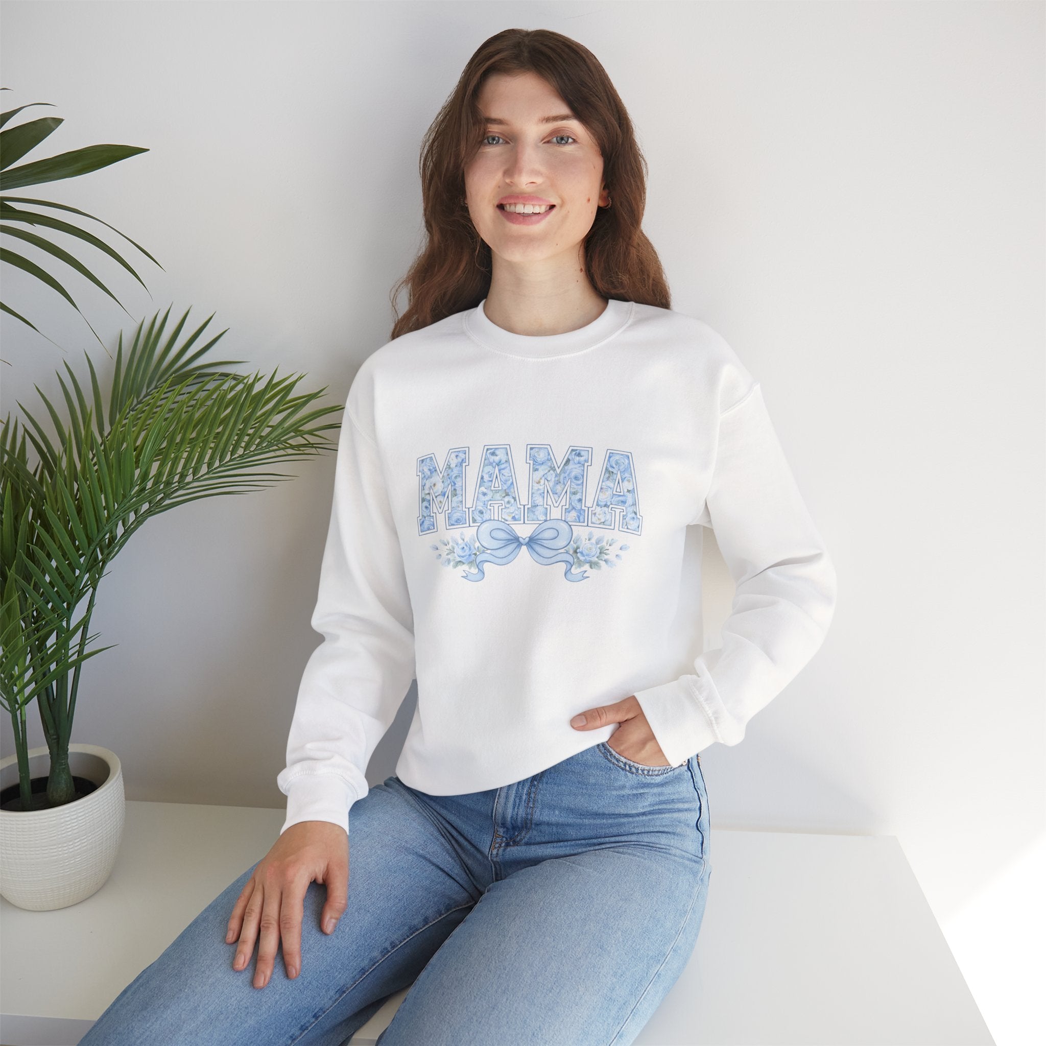 Mama Floral Crewneck Sweatshirt – Blue Decorative Mama Pullover