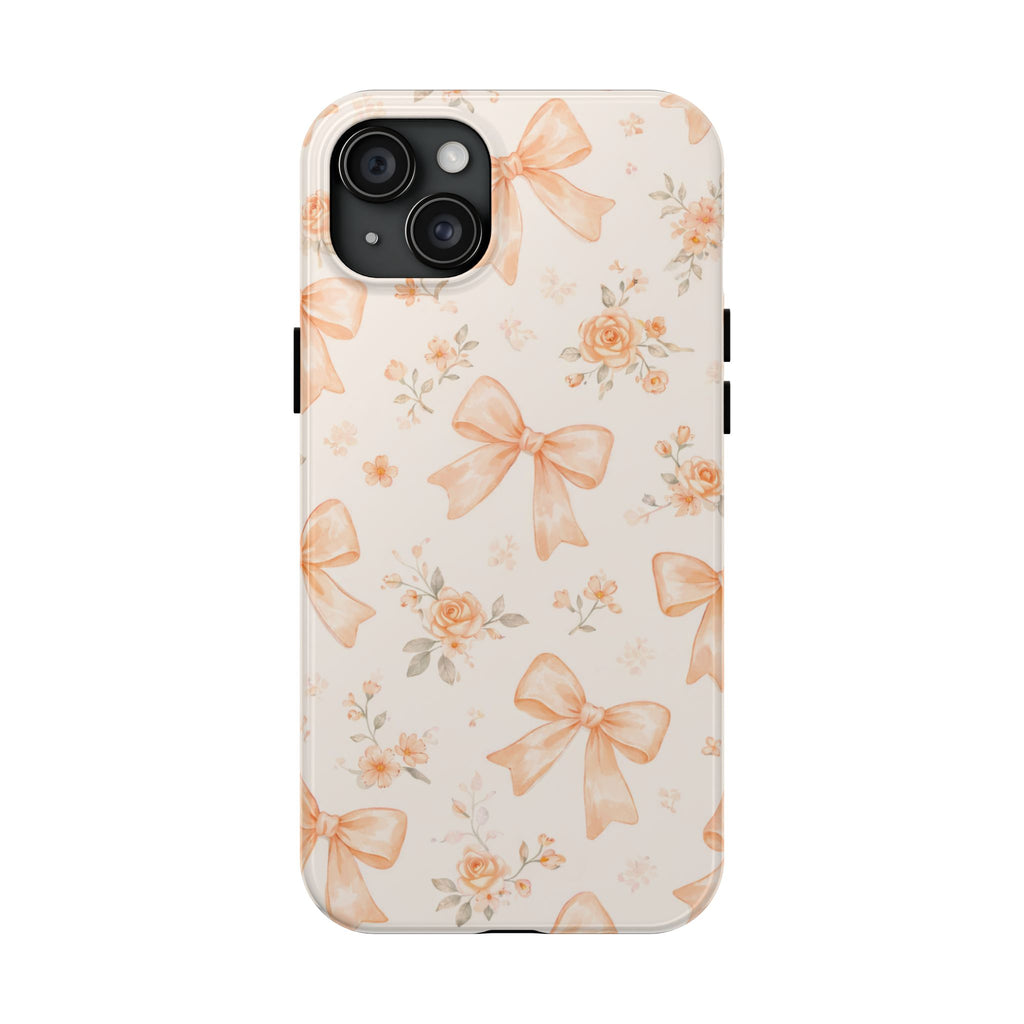 Peach Bow Floral Pattern Tough Phone Case, Peach Ribbon Design