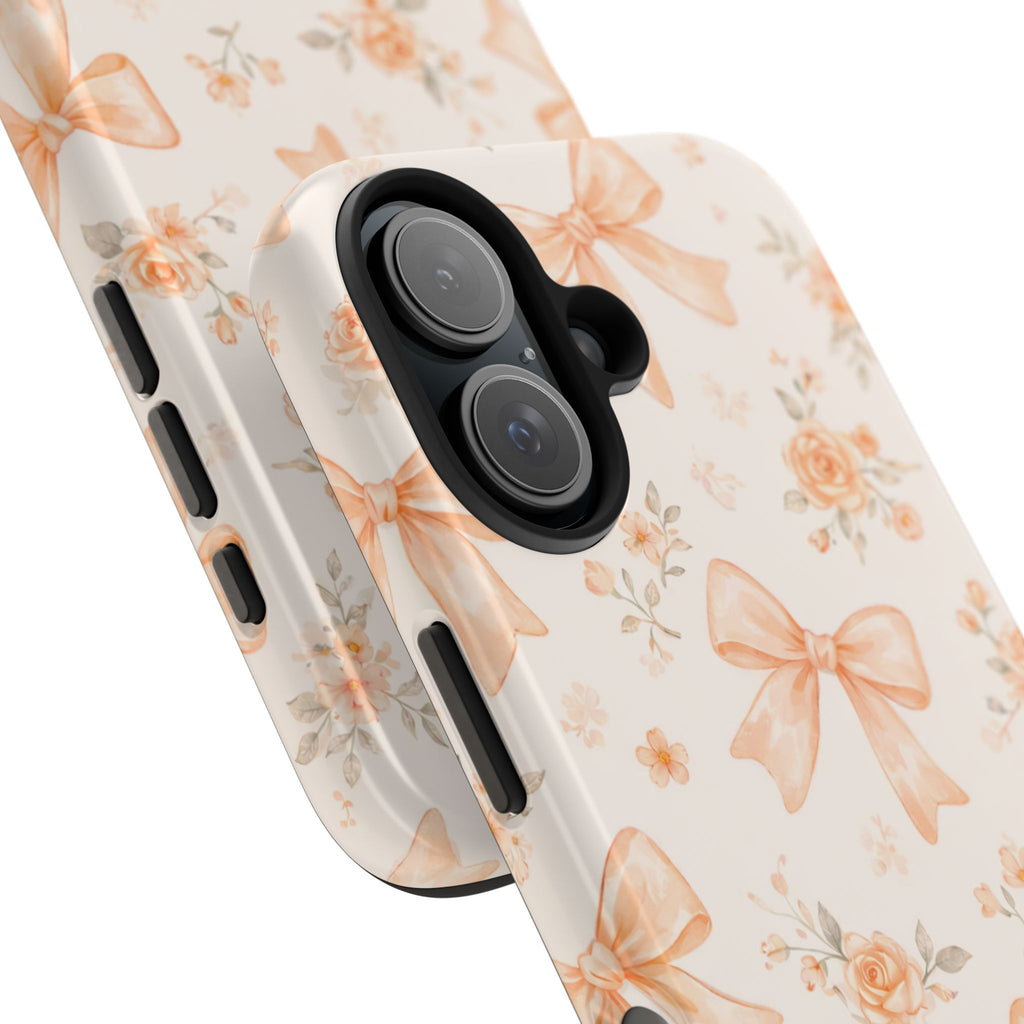 Peach Bow Floral Pattern Tough Phone Case, Peach Ribbon Design