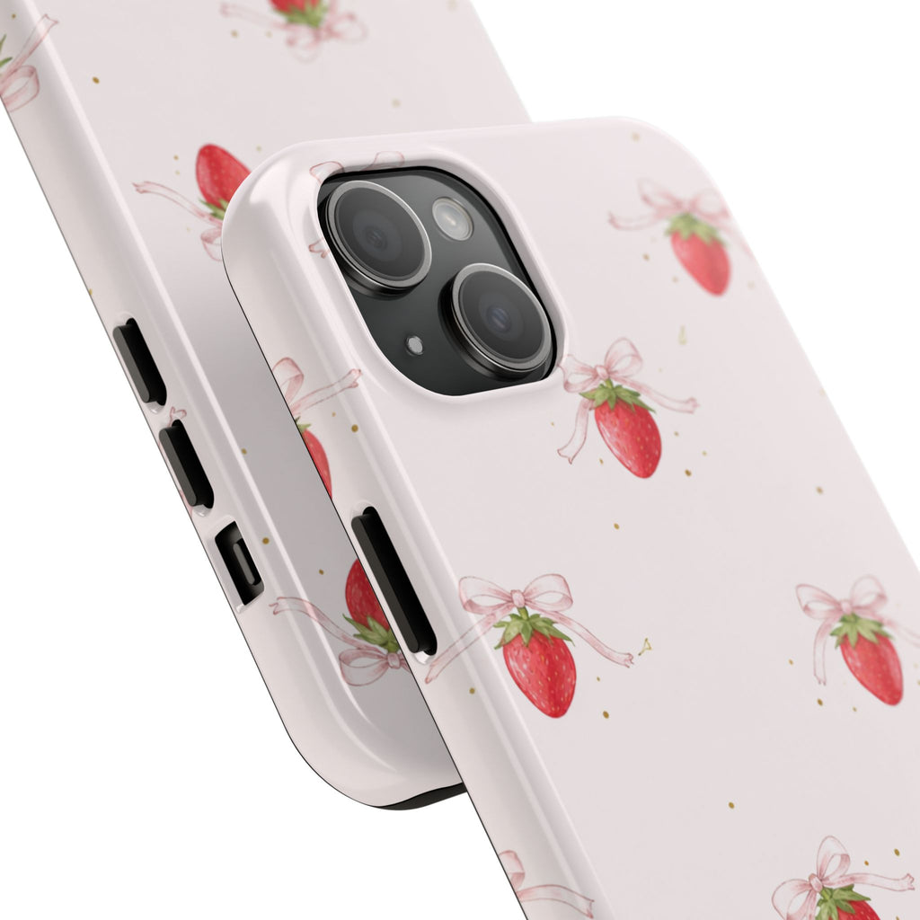 Pink Strawberry Pattern Tough Phone Case, Pastel Fruit Print