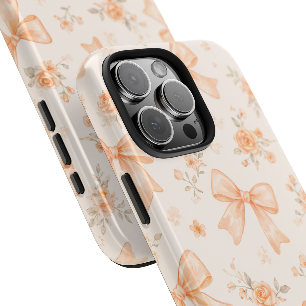 Peach Bow Floral Pattern Tough Phone Case, Peach Ribbon Design