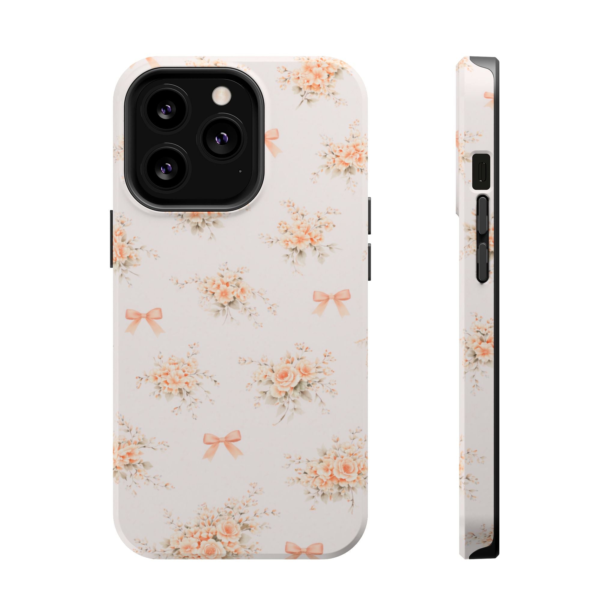 Vintage Peach Floral Bow iPhone Case | Magnetic Impact-Resistant Case