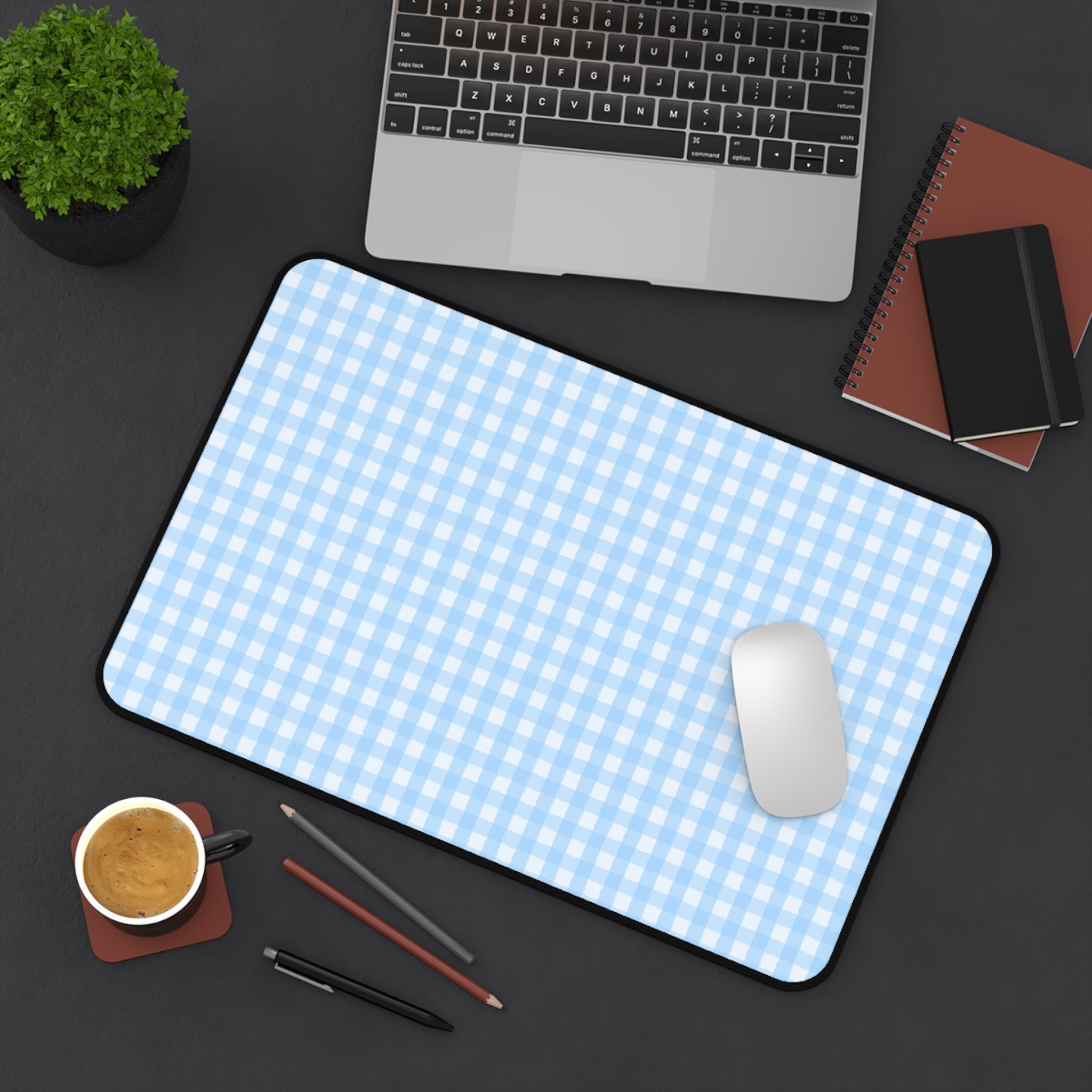 Blue Gingham Desk Mat – Pastel Checkered Mousepad for Home Office & Study