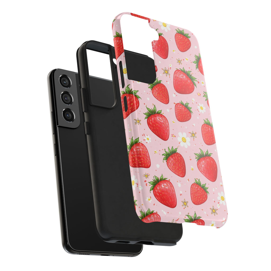 Pink Floral Strawberry Tough Phone Case, Fruit Pattern