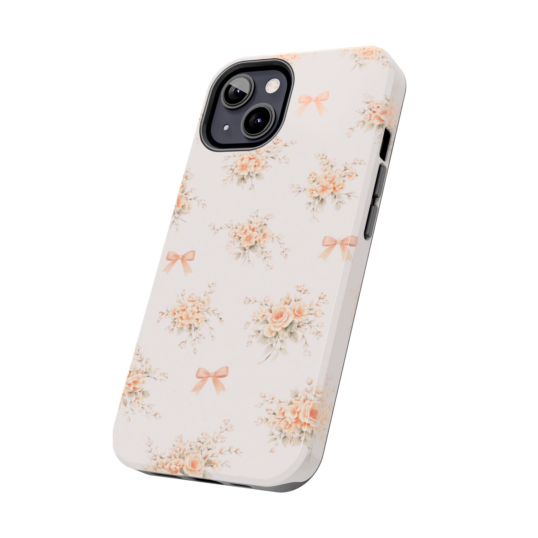 Vintage Peach Floral Bouquet iPhone Case, Tough Pastel Bow Pattern