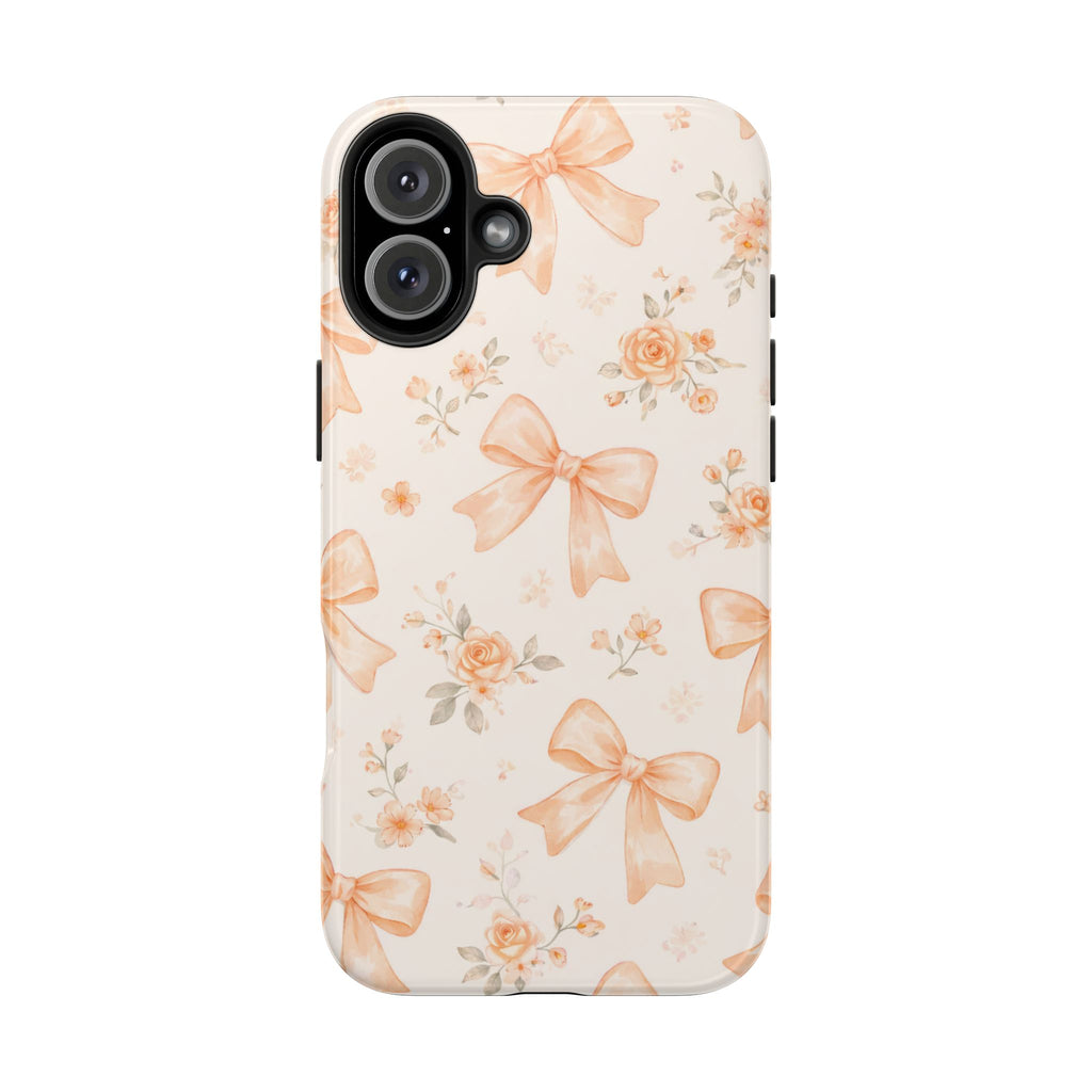 Peach Bow Floral Pattern Tough Phone Case, Peach Ribbon Design