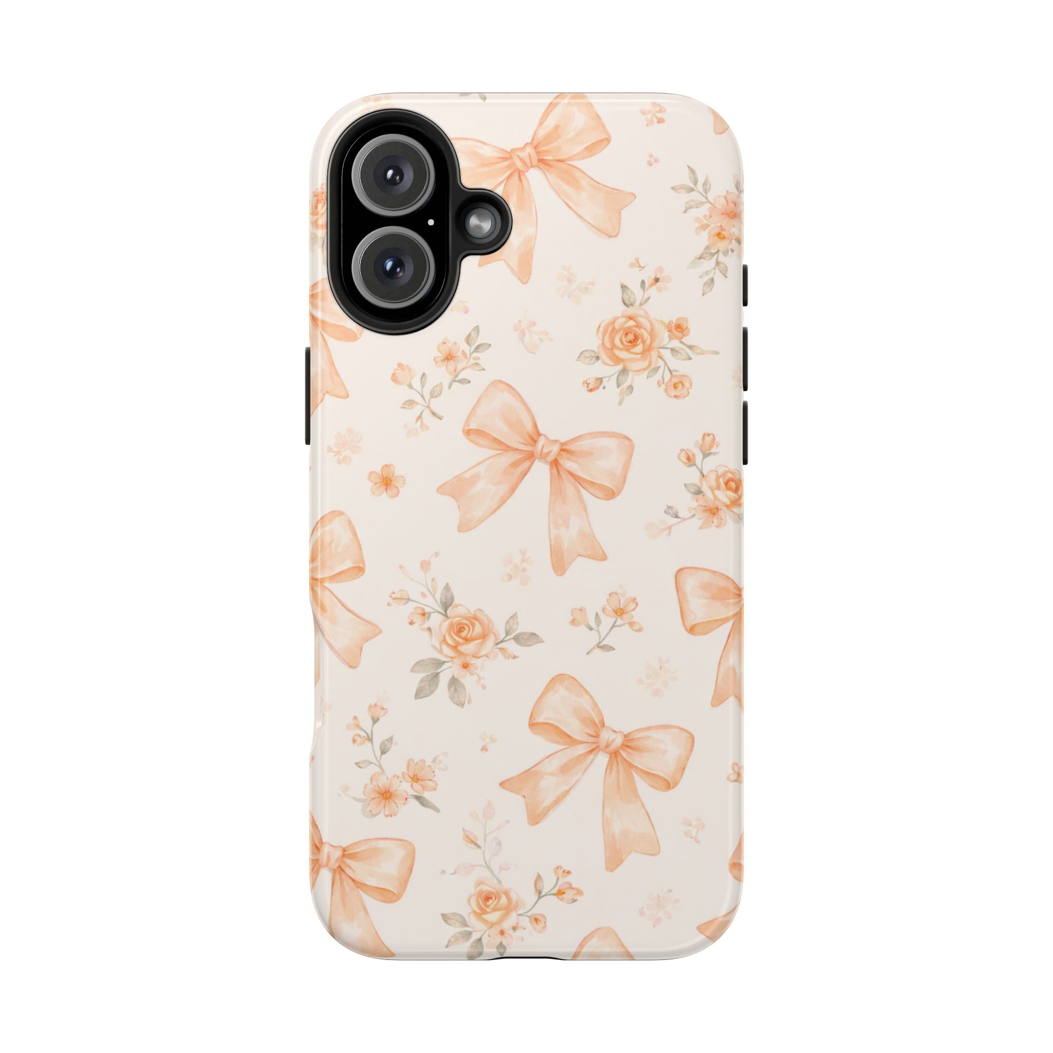 Peach Bow Floral Pattern Tough Phone Case, Peach Ribbon Design