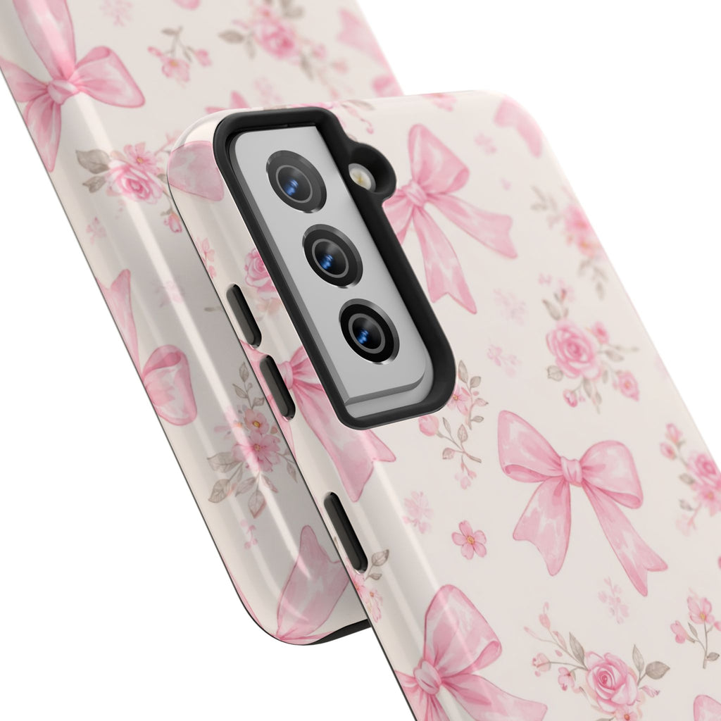 Pink Watercolor Bows Tough Phone Case, Floral Ribbon Pattern