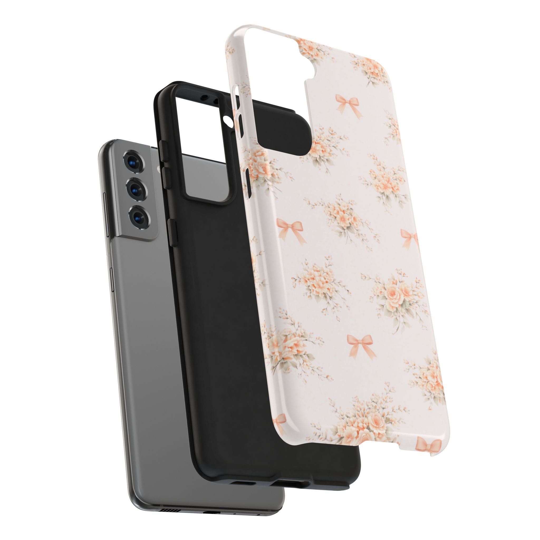 Vintage Peach Floral Bouquet Samsung Galaxy Case, Bow Pattern Pastel Floral