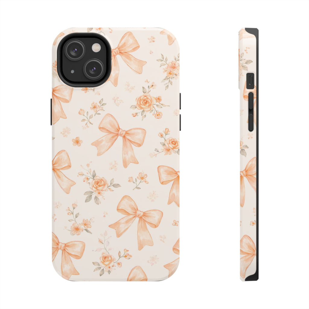 Peach Bow Floral Pattern Tough Phone Case, Peach Ribbon Design
