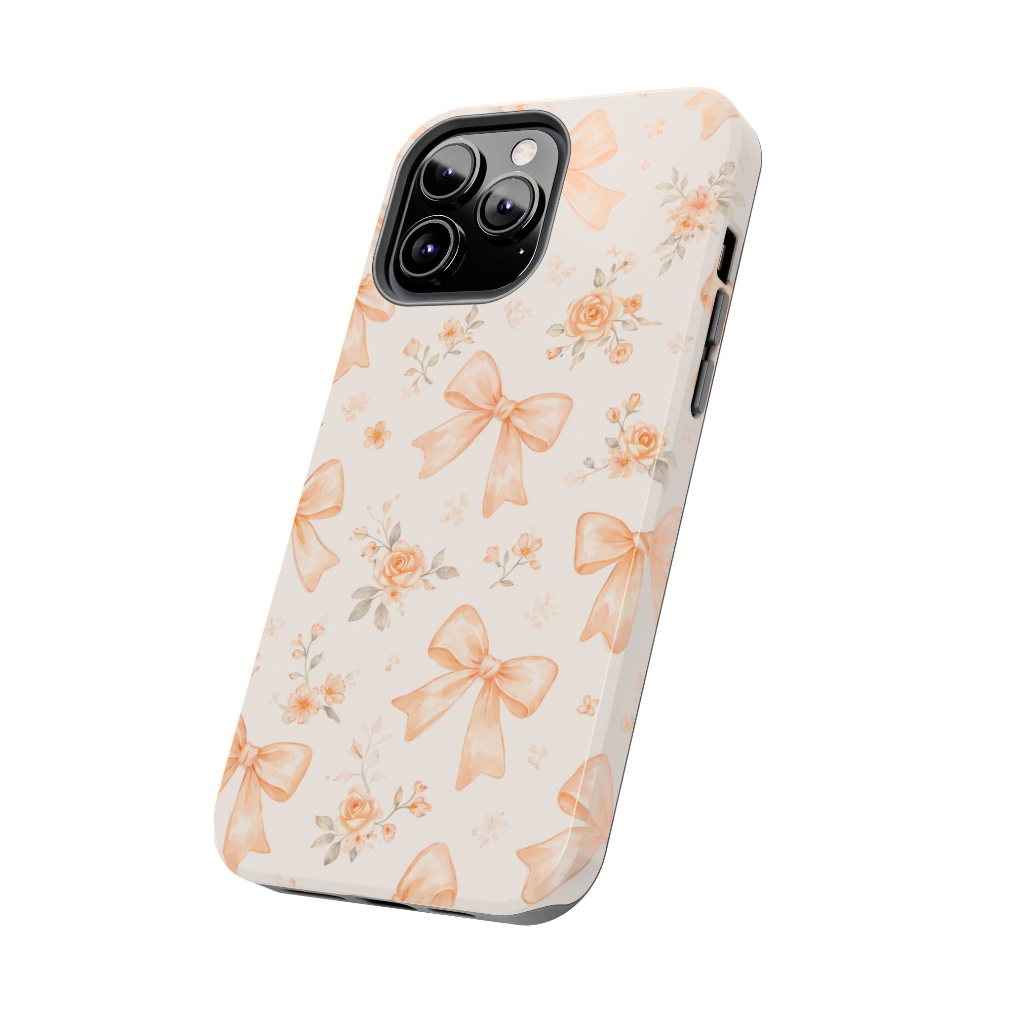 Peach Bow Floral Pattern Tough Phone Case, Peach Ribbon Design