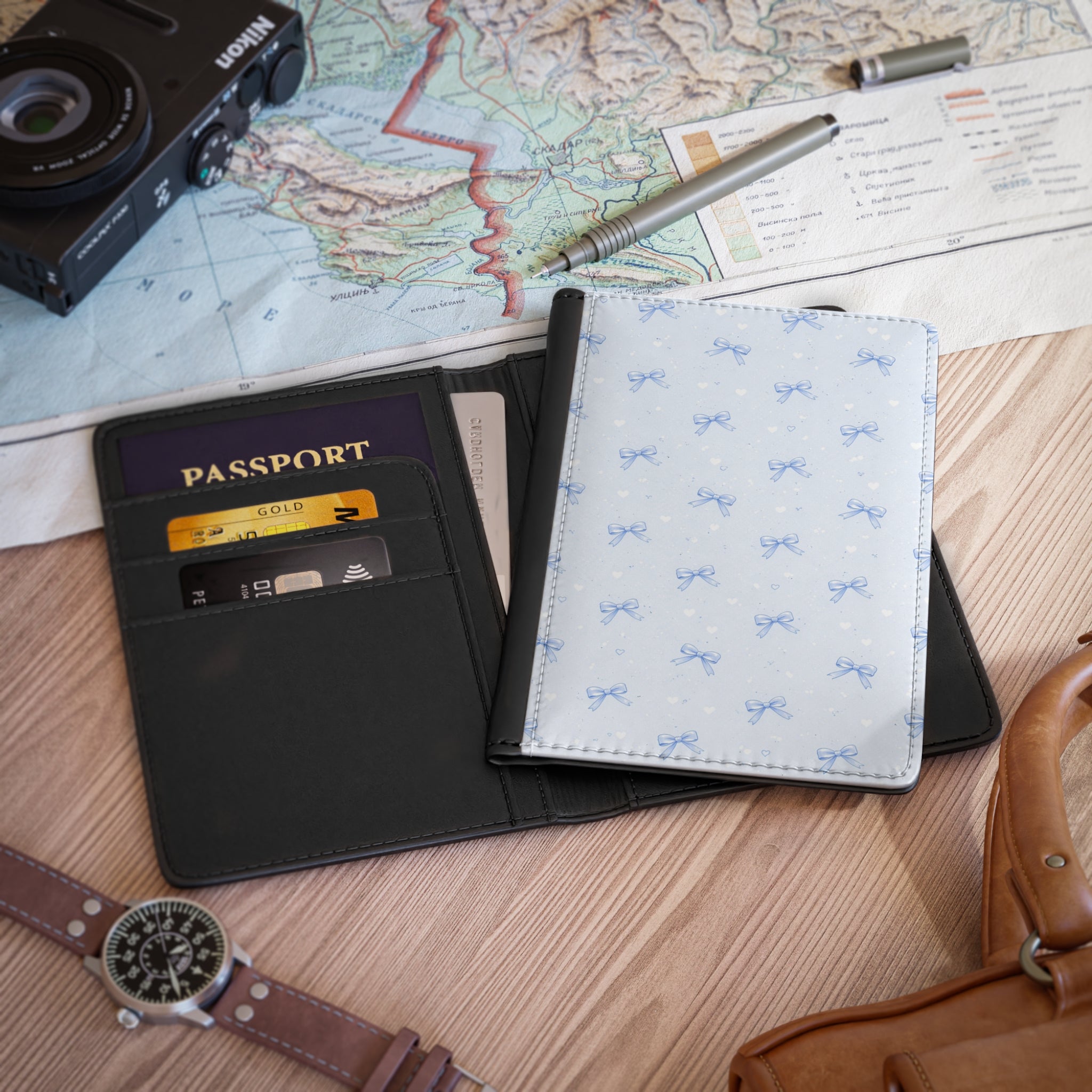 Blue Bow Pattern Passport Cover | Polka Dot Travel Accessory