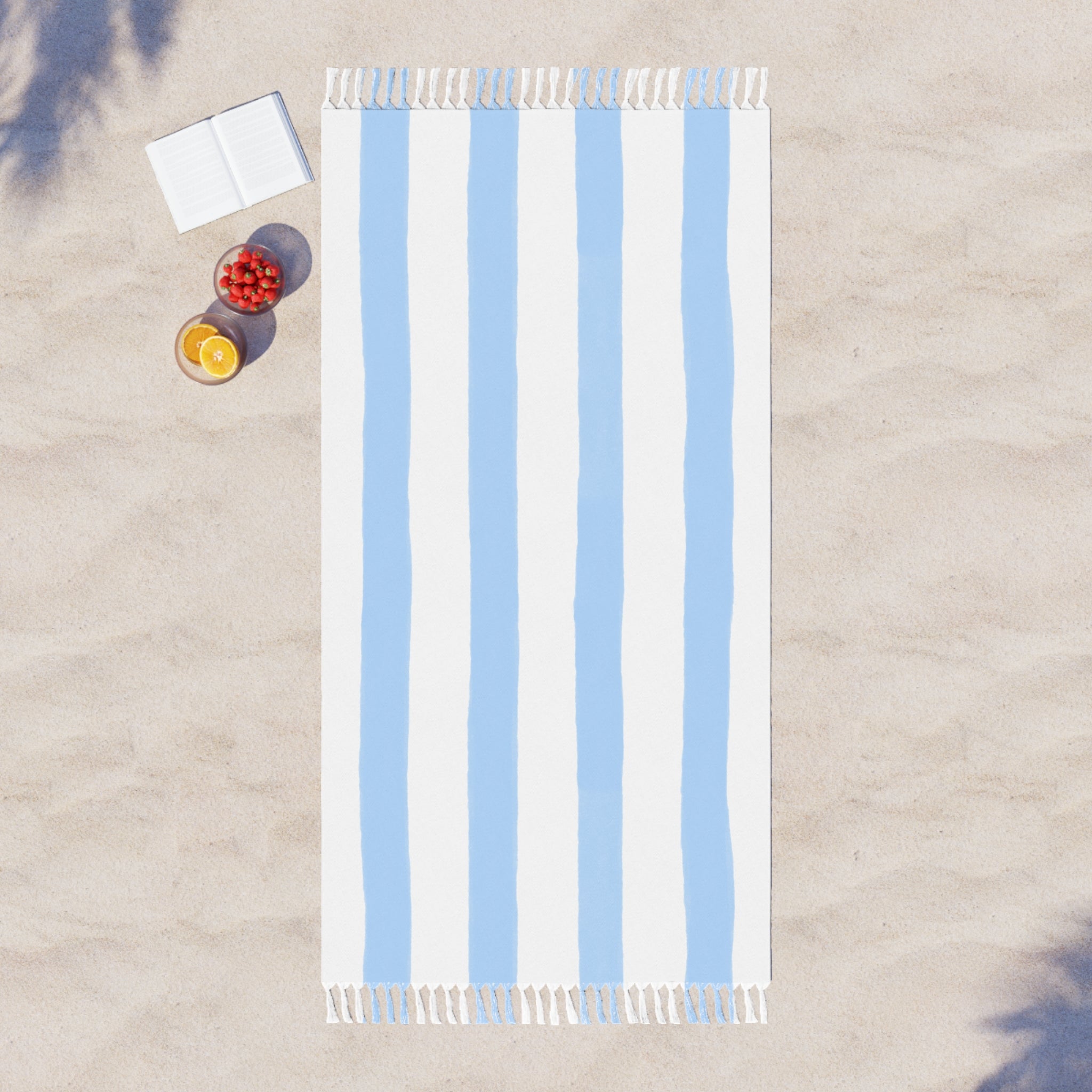 Light Blue Boho Stripe Beach Towel - Turkish Peshtemal with Fringe for Beach and Travel