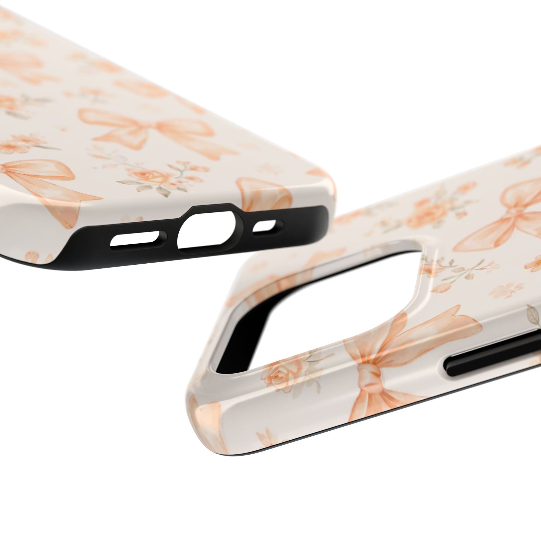Peach Bow Floral Pattern Tough Phone Case, Peach Ribbon Design