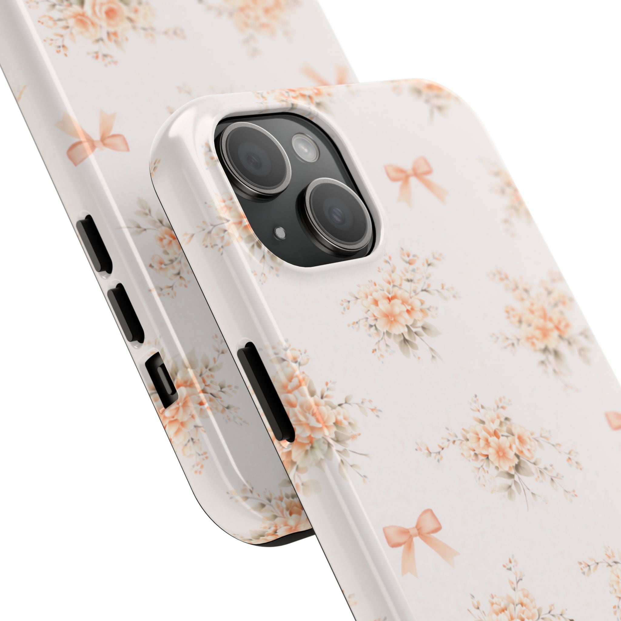 Vintage Peach Floral Bouquet iPhone Case, Tough Pastel Bow Pattern