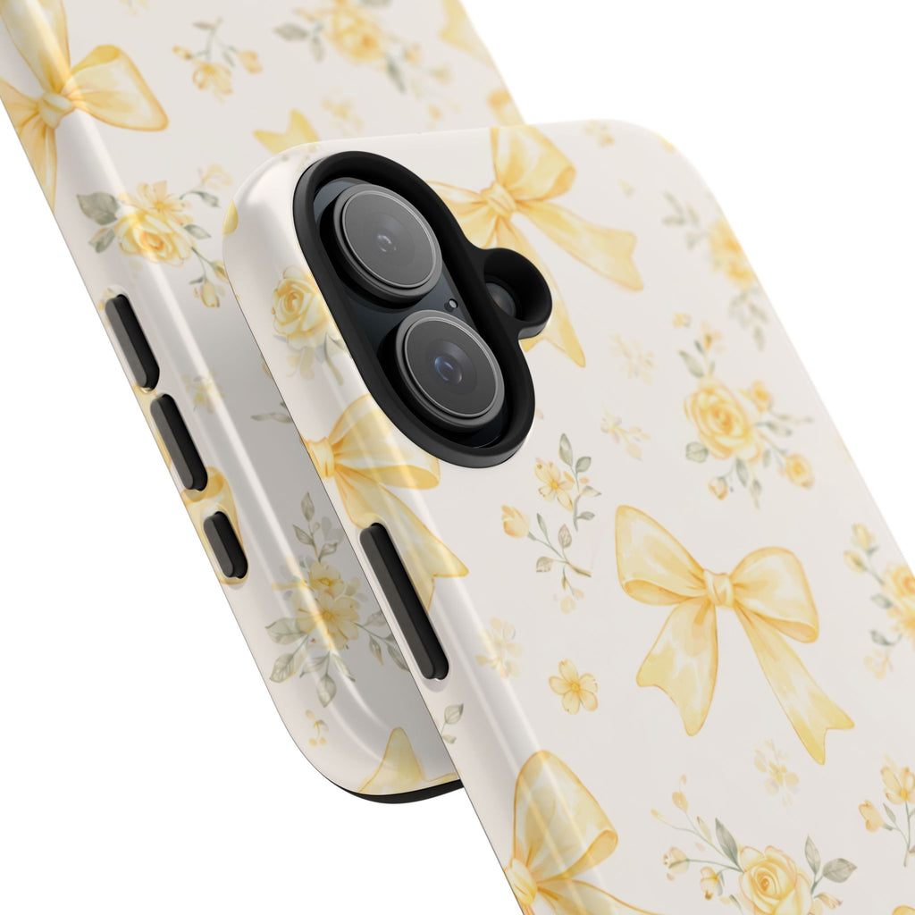 Yellow Bow Floral Phone Case, Cute Yellow Ribbon Pattern