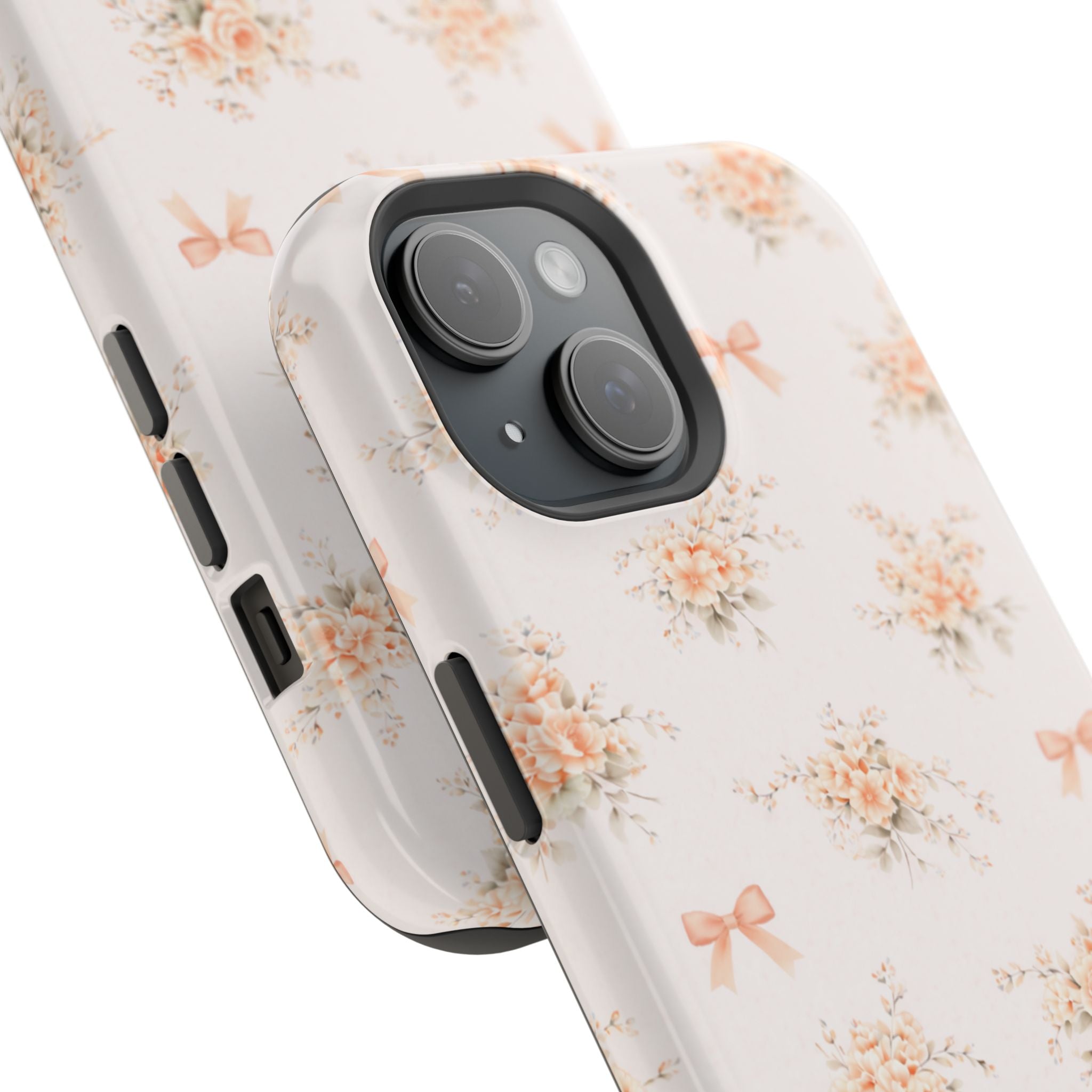 Vintage Peach Floral Bow iPhone Case | Magnetic Impact-Resistant Case