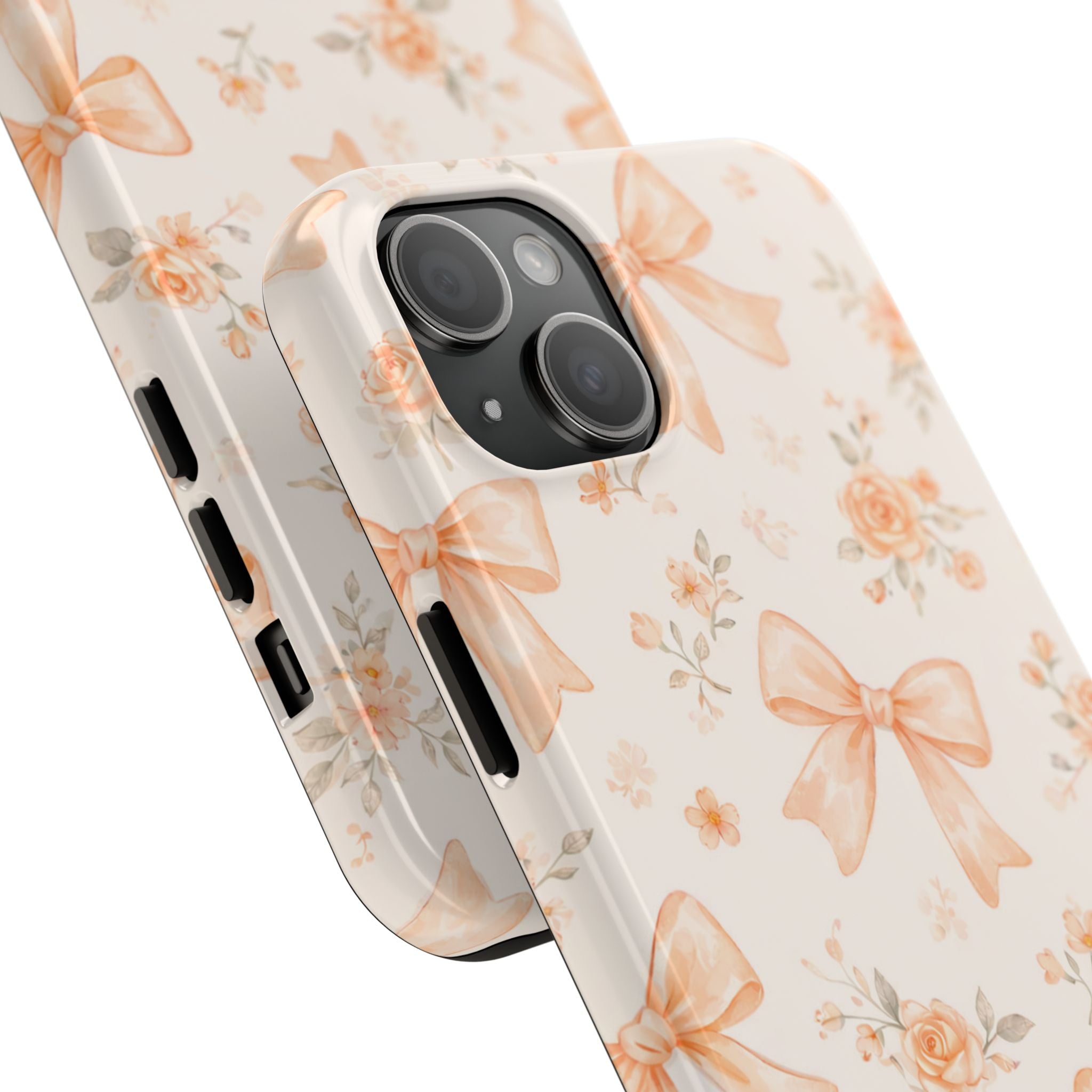 Peach Bow Floral Pattern Tough Phone Case, Peach Ribbon Design