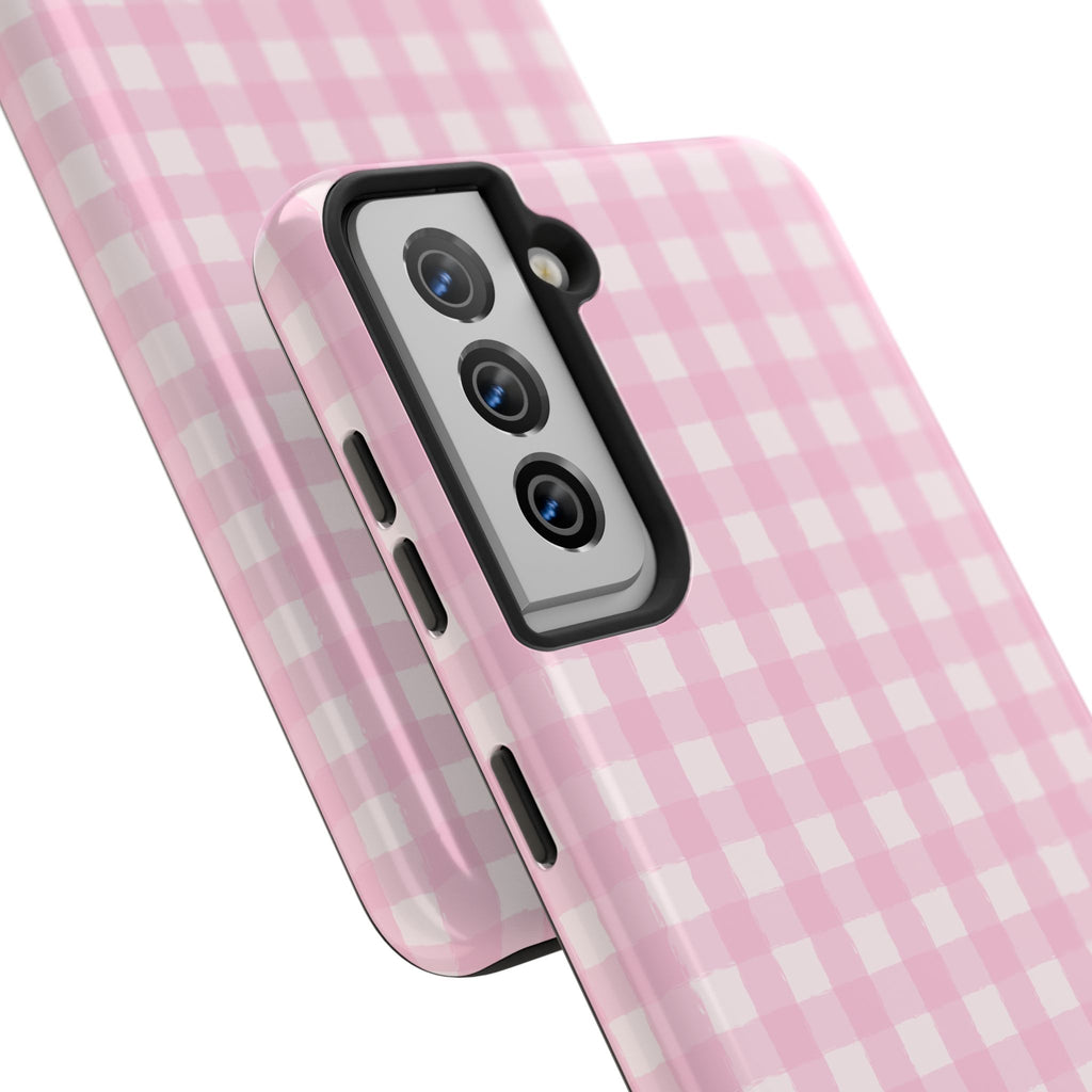Pink Gingham Tough Samsung Case – Protective Check Pattern Cover for Women & Teens