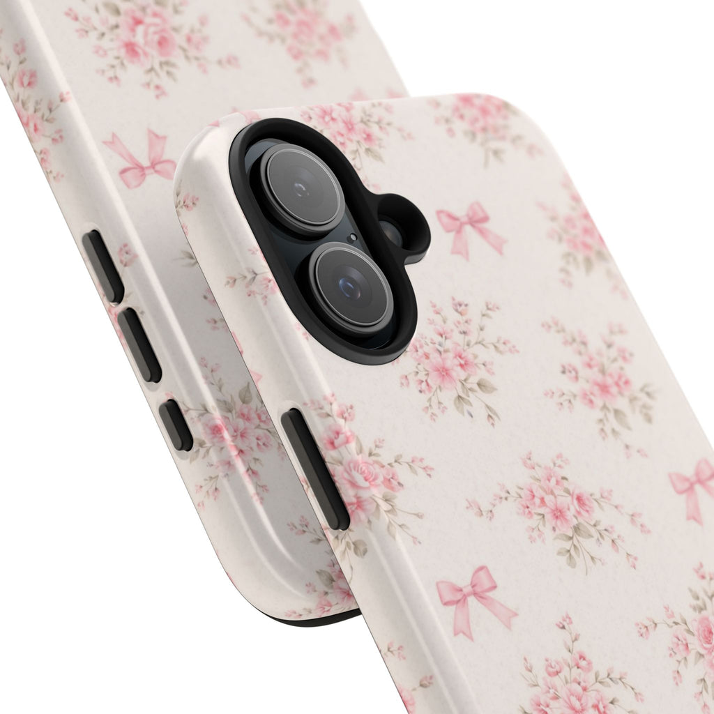 Pink Floral Bouquet iPhone Case, Vintage Roses Bows Pastel Pattern
