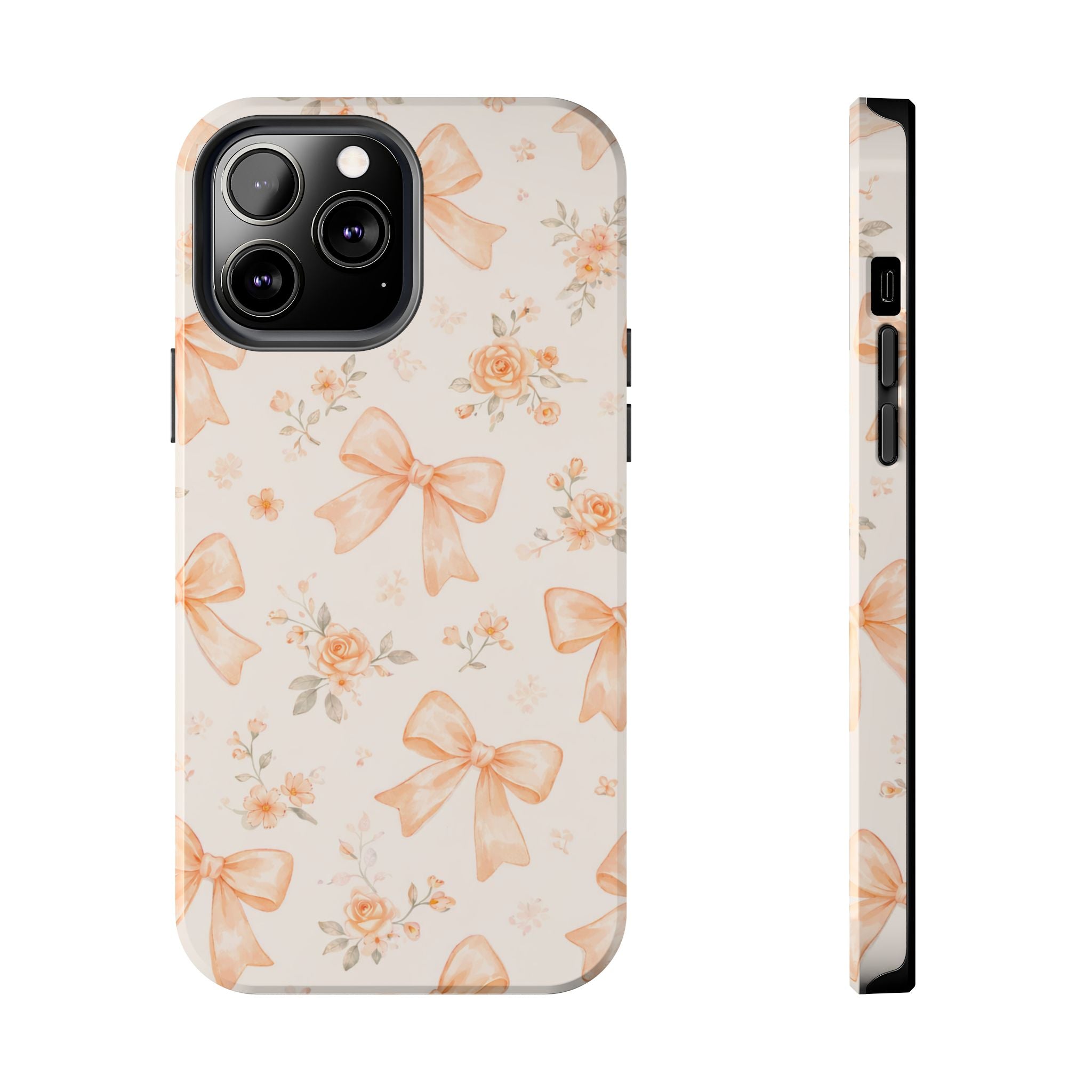 Peach Bow Floral Pattern Tough Phone Case, Peach Ribbon Design