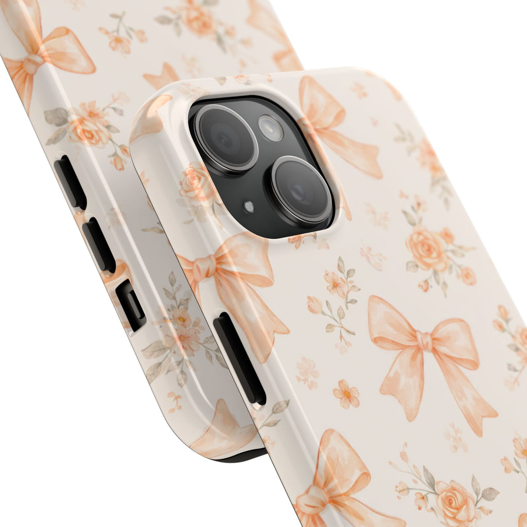 Peach Bow Floral Pattern Tough Phone Case, Peach Ribbon Design