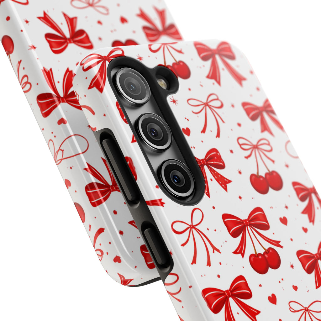 Red Bows and Cherries Tough Phone Case, Cherry Bow Pattern