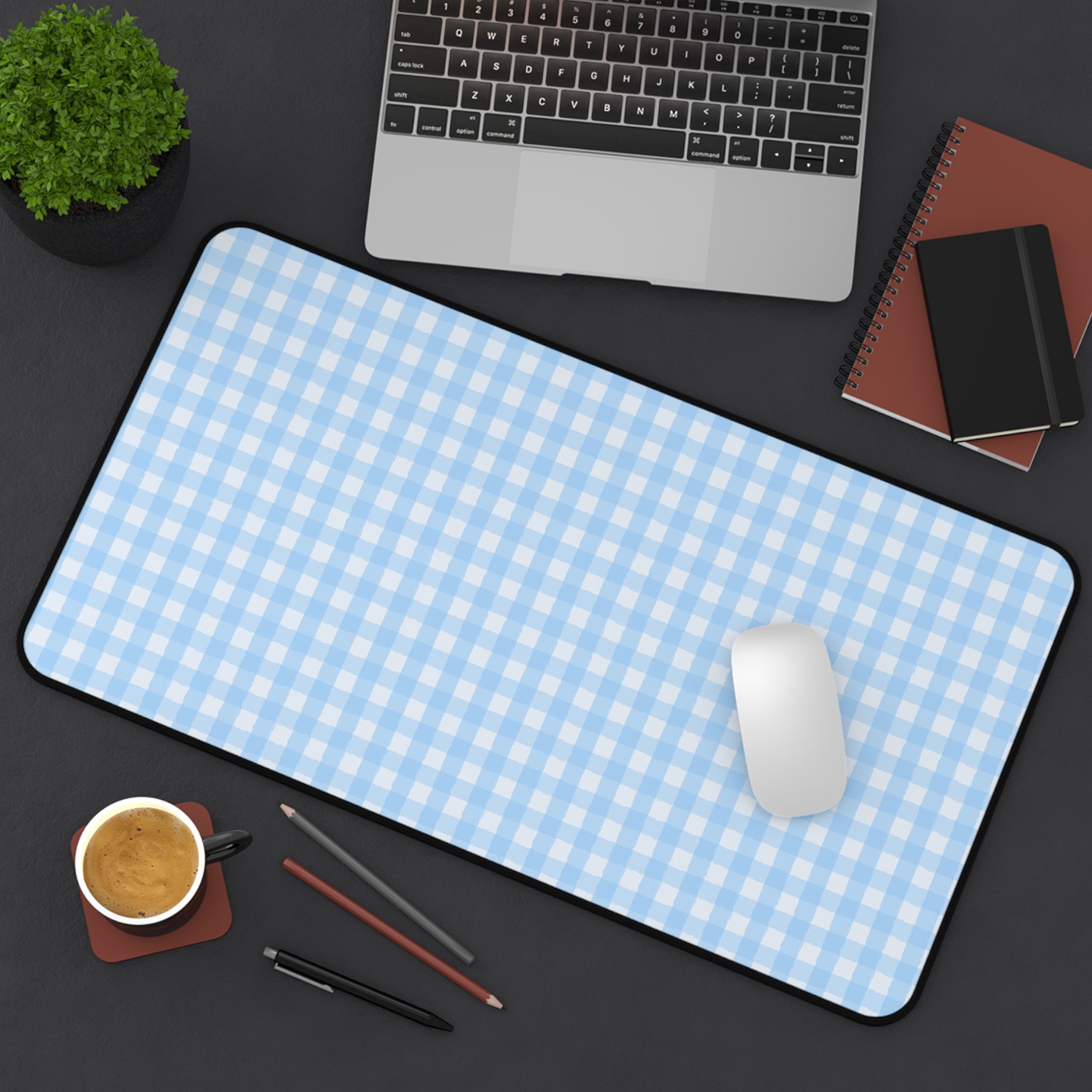 Blue Gingham Desk Mat – Pastel Checkered Mousepad for Home Office & Study