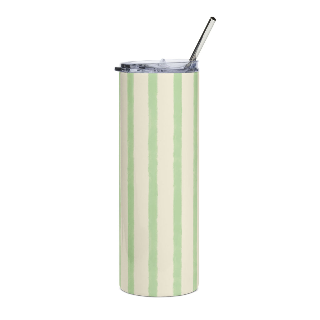 Sage Green Striped 20oz Stainless Steel Tumbler - Slim Insulated Travel Cup with Straw