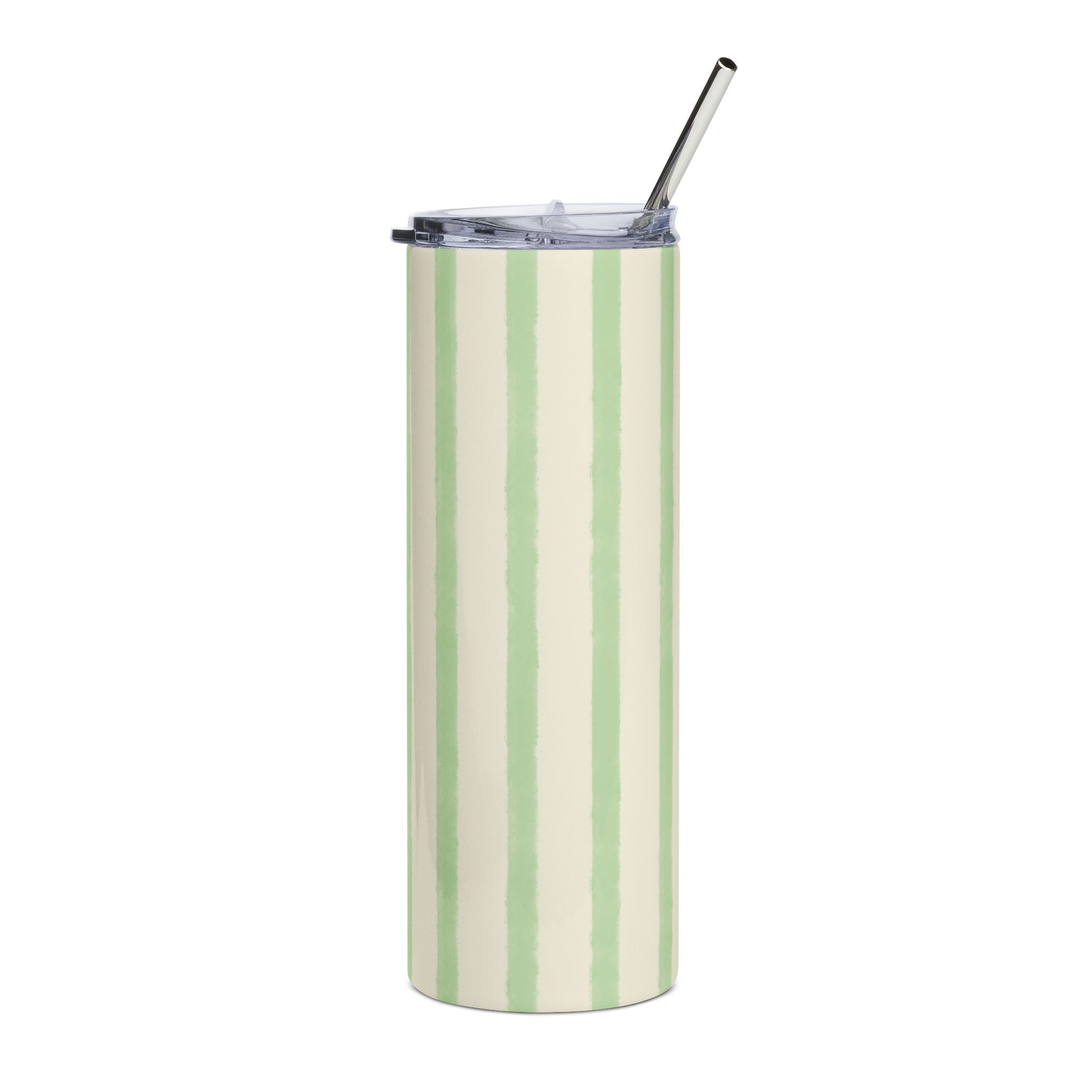 Sage Green Striped 20oz Stainless Steel Tumbler - Slim Insulated Travel Cup with Straw
