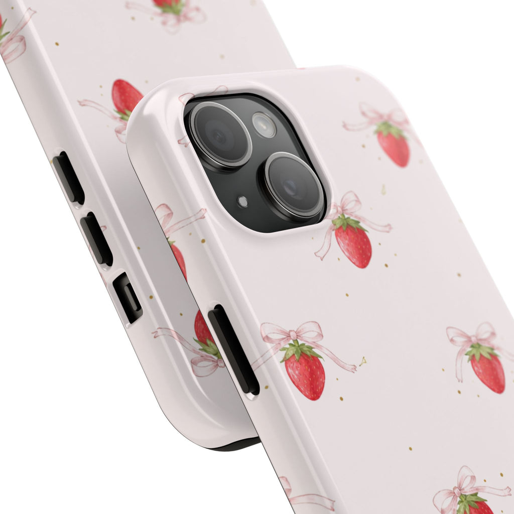 Pink Strawberry Pattern Tough Phone Case, Pastel Fruit Print