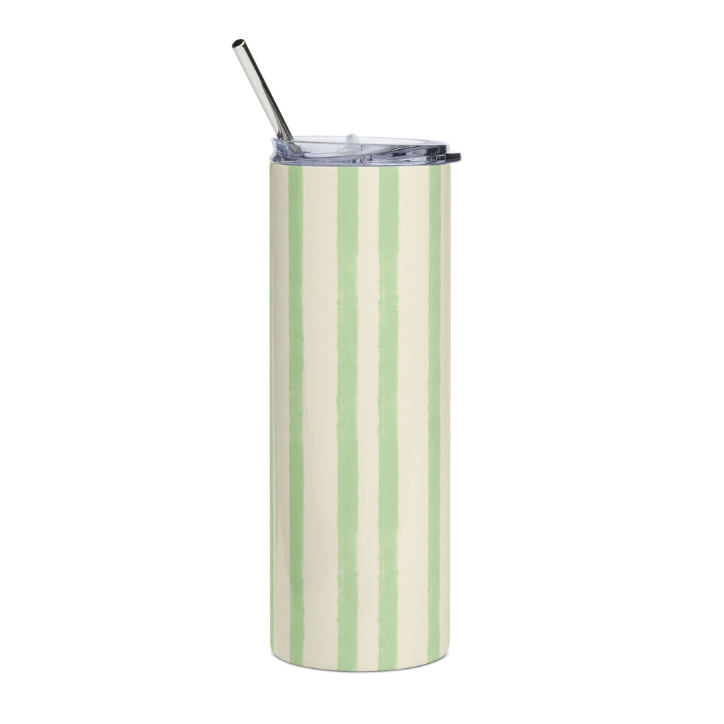 Sage Green Striped 20oz Stainless Steel Tumbler - Slim Insulated Travel Cup with Straw