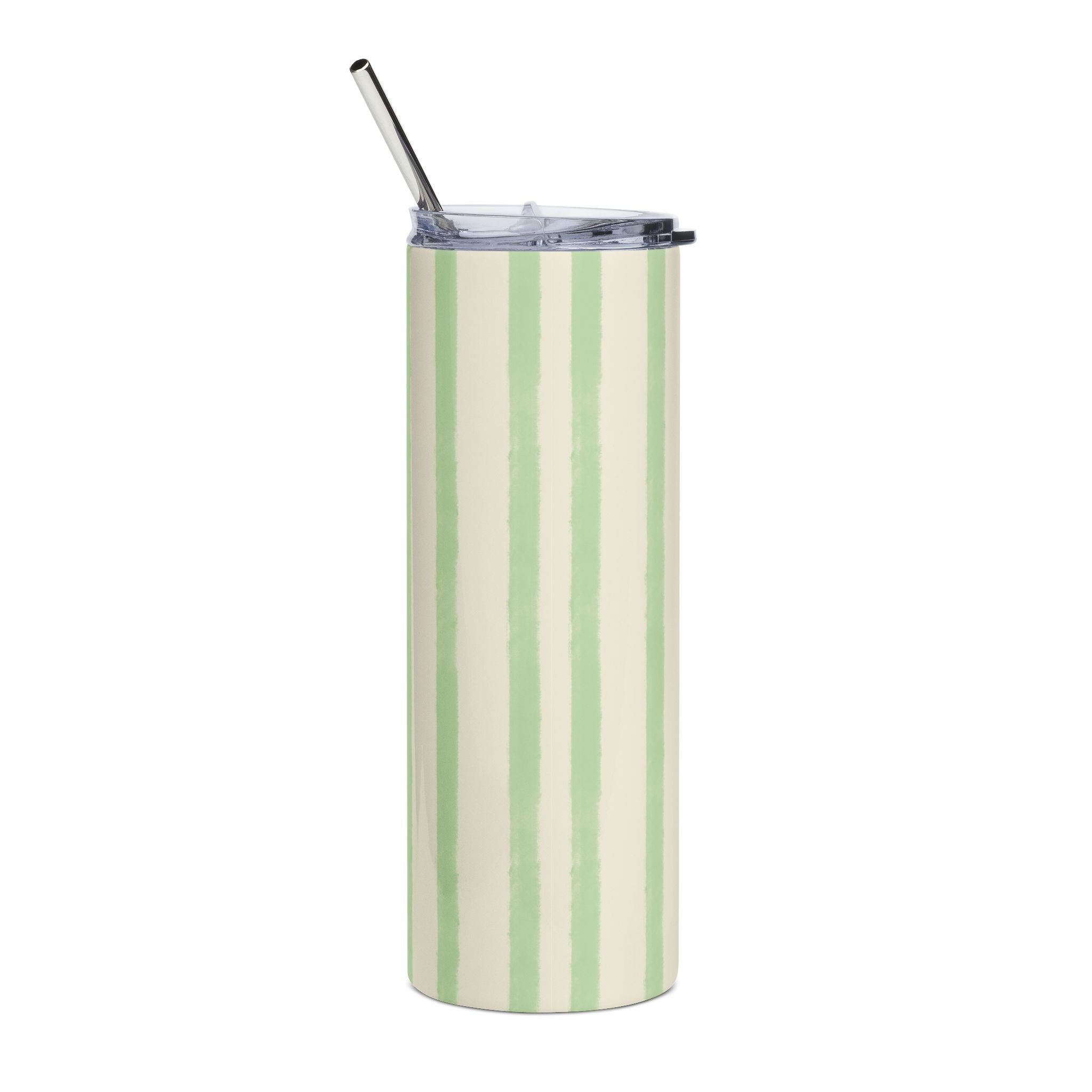 Sage Green Striped 20oz Stainless Steel Tumbler - Slim Insulated Travel Cup with Straw