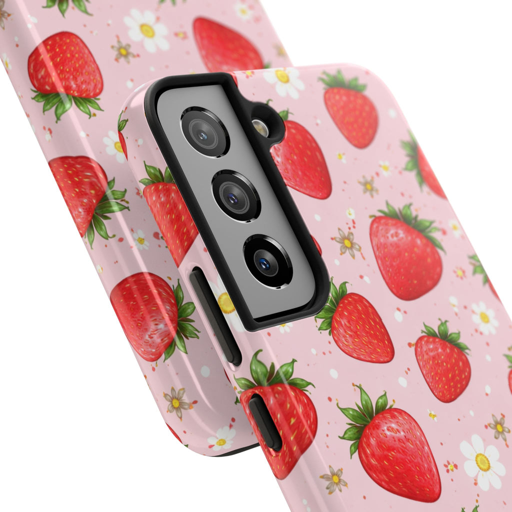 Pink Floral Strawberry Tough Phone Case, Fruit Pattern