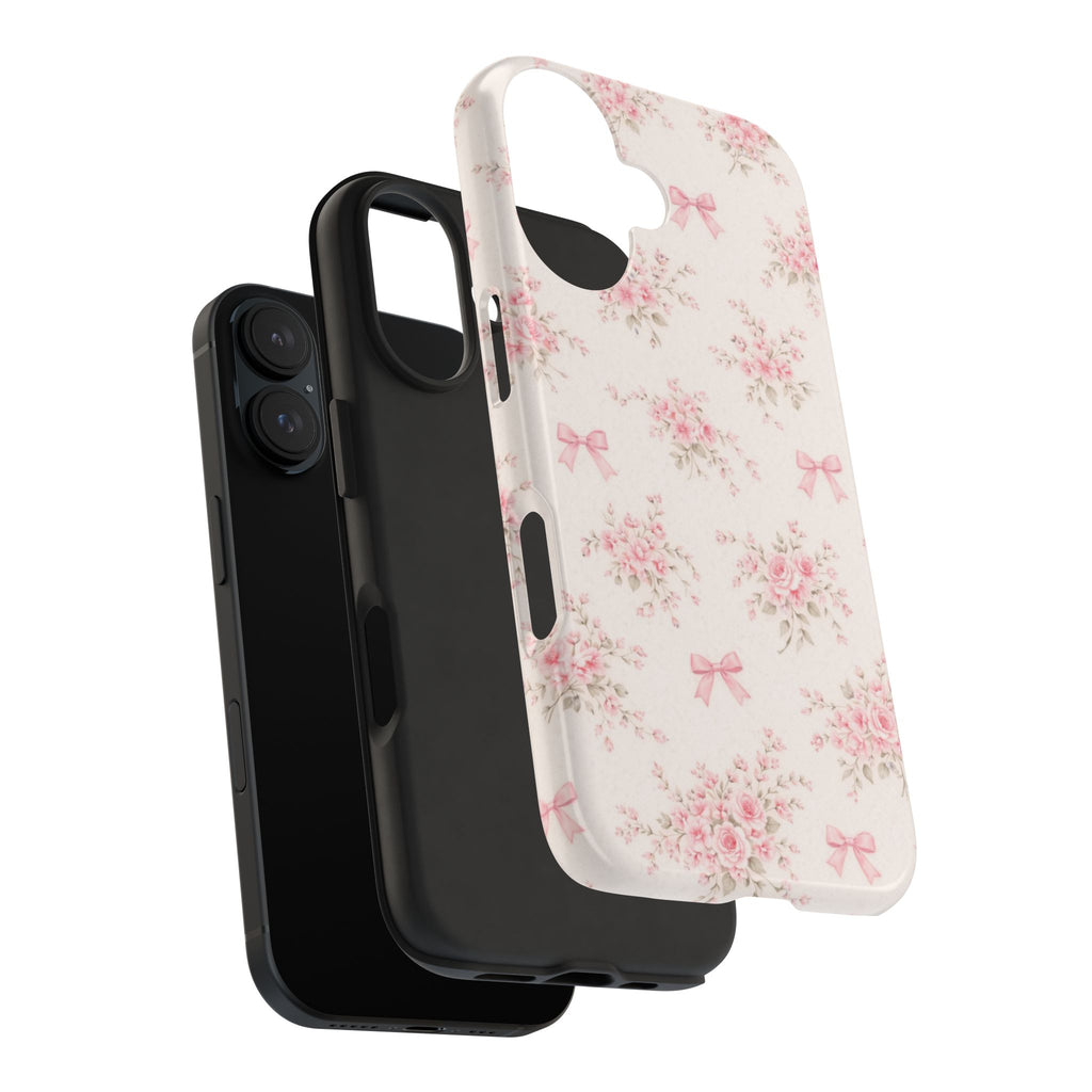 Pink Floral Bouquet iPhone Case, Vintage Roses Bows Pastel Pattern