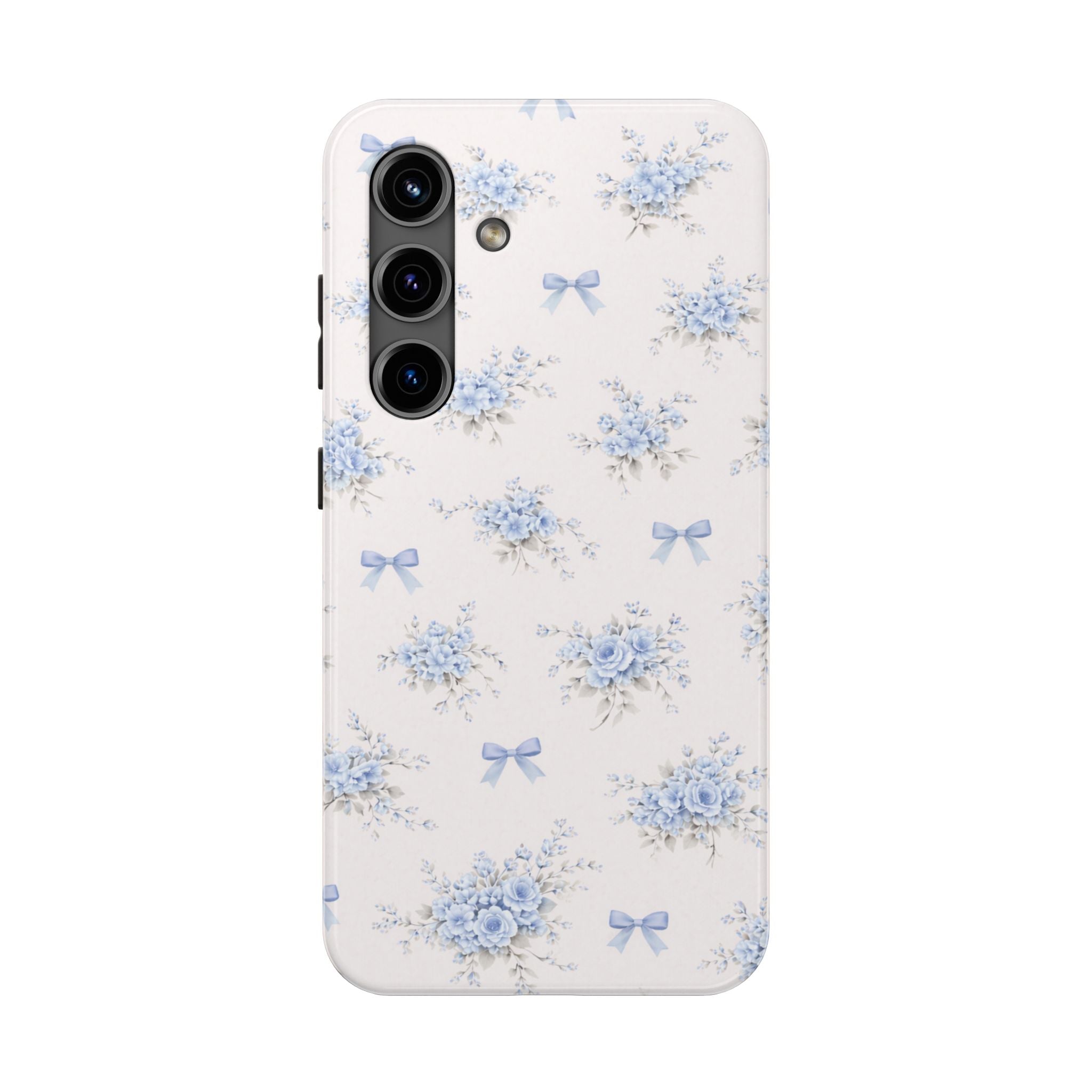Blue Floral Bows Tough Samsung Galaxy Phone Case, Vintage Bouquet Pattern