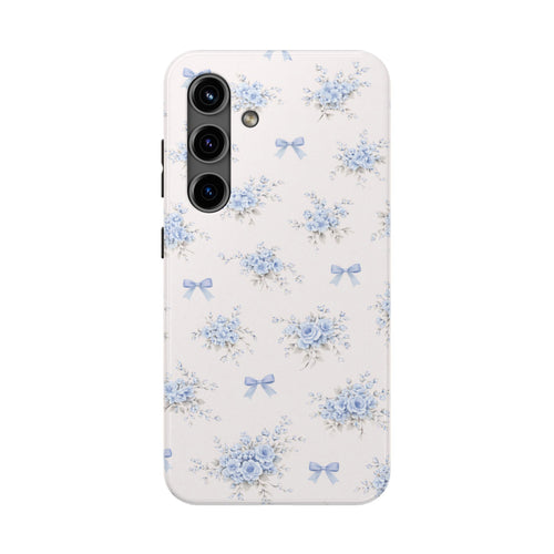 Blue Floral Bows Tough Samsung Galaxy Phone Case, Vintage Bouquet Pattern